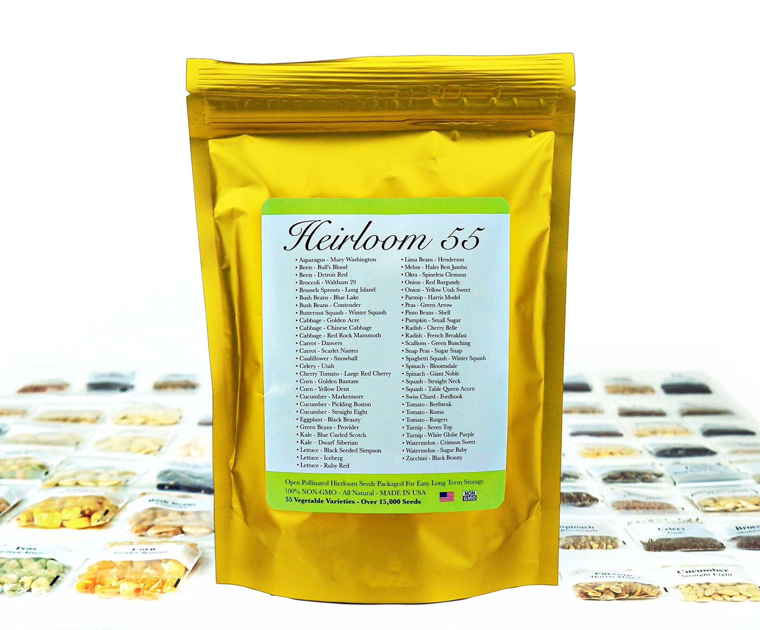 Seed Pack with 55 Varieties of Vegetable Seeds. 100% Non GMO Open Pollinated Non-Hybrid Naturally Grown Premium USA Seed Stock for All Gardeners.