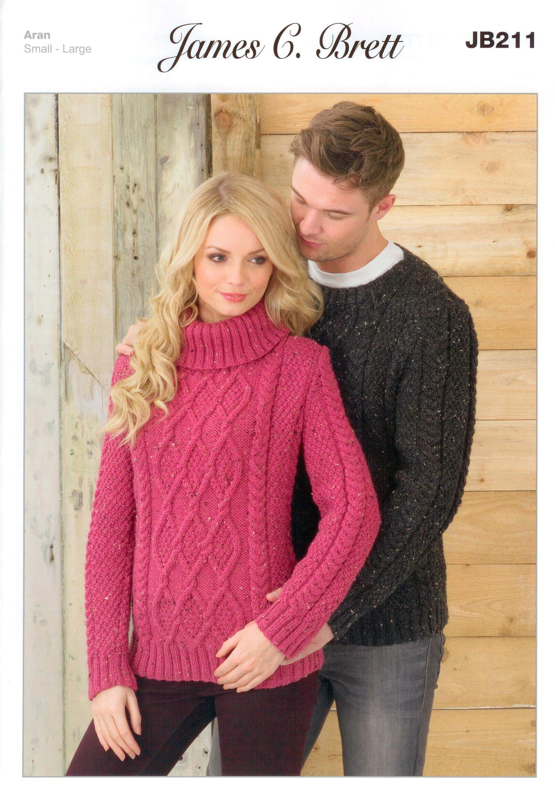 Ladies and Man's Sweater JB211 Knitting Patterns from James C Brett. Knit with Aran wool. Ladies Sizes 81-107cm 32-42 inch. Man's sizes 97-122cm 38-48 inch.