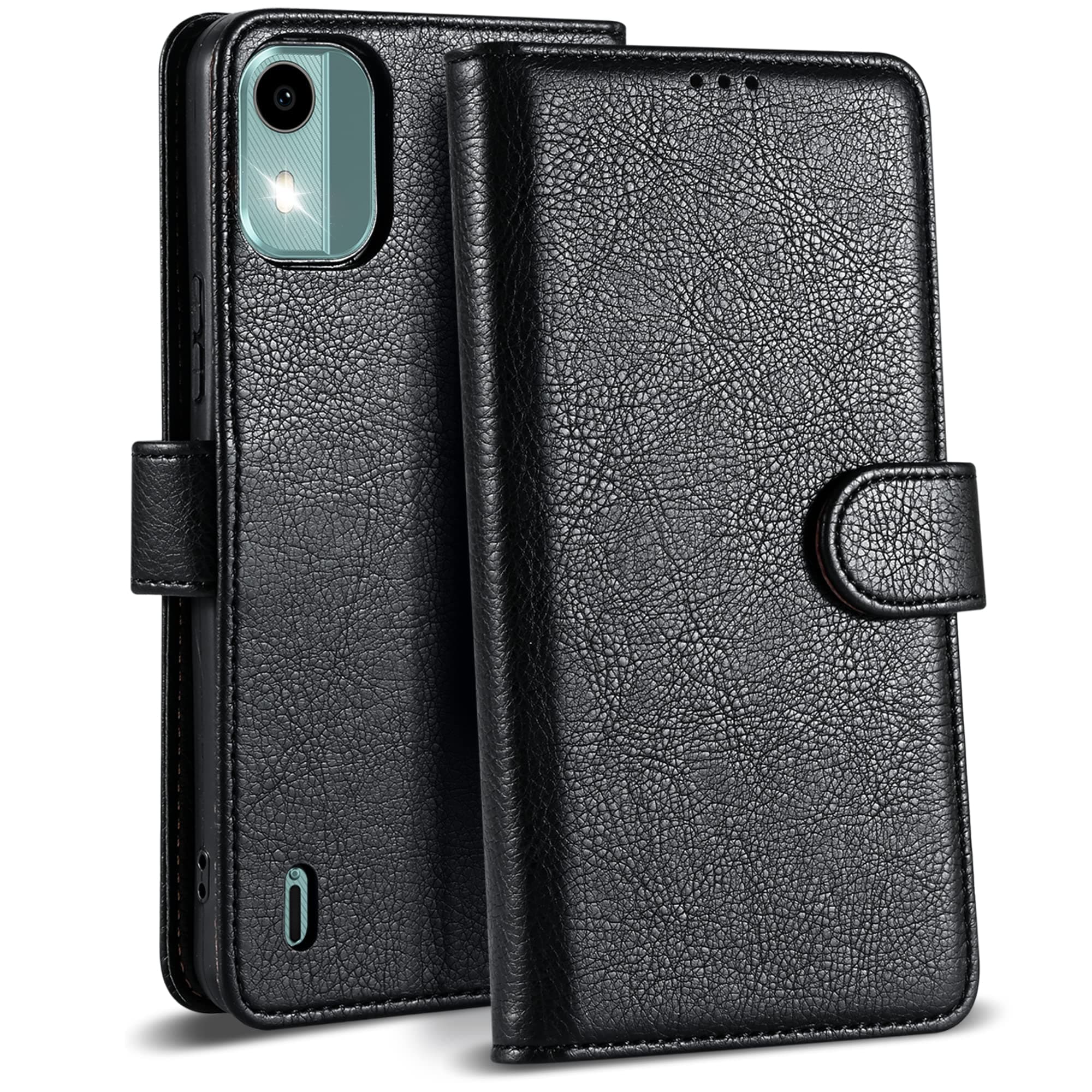 Case Collection for Nokia C12 Phone Case - Premium Leather Folio Flip Cover | RFID-Technology | Kickstand | Money and Card Holder Wallet | Compatible with Nokia C12 Case Black