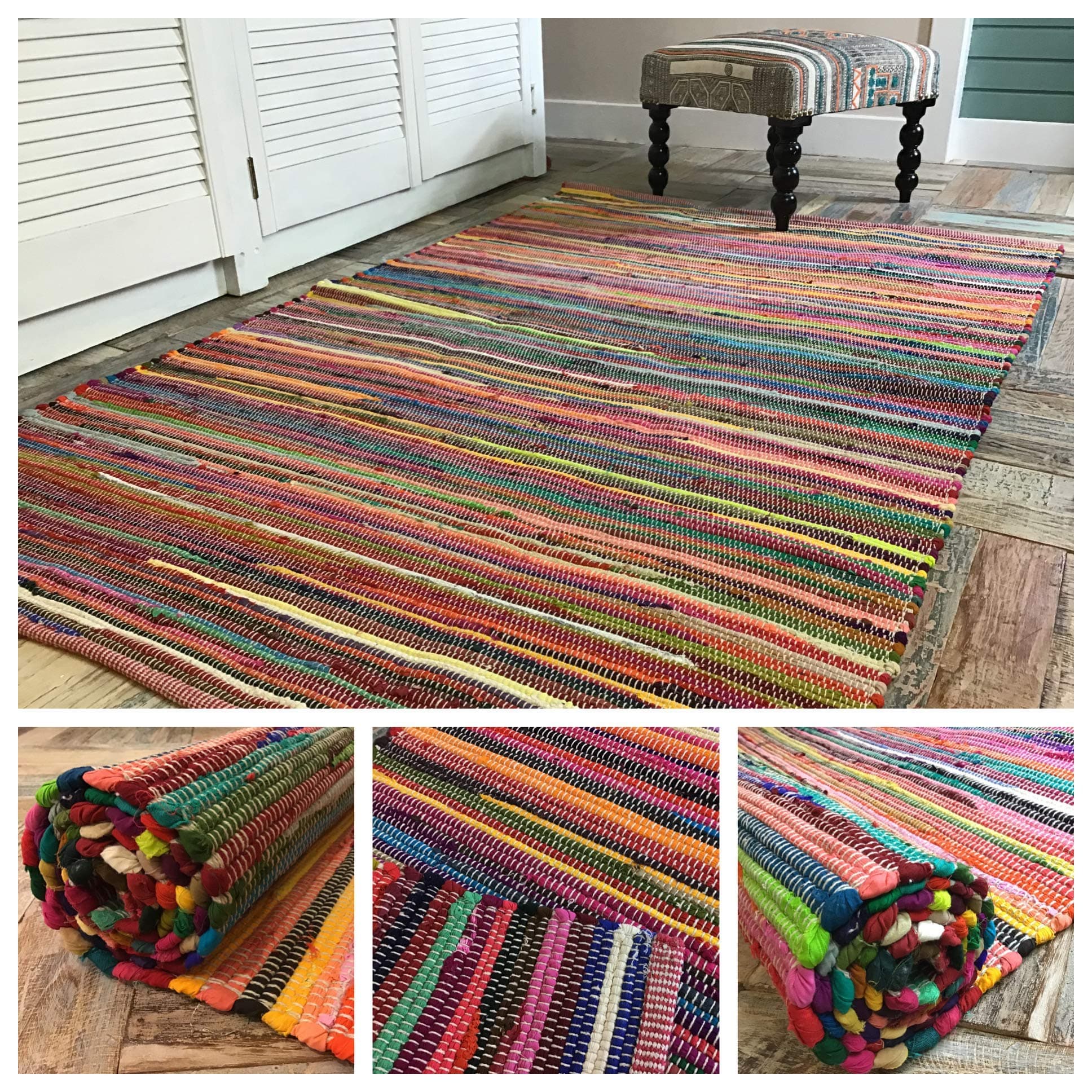 Small Runner Rainbow Eco Friendly Chindi Rag Rug Hand Loomed in Flat Weave Style with Multi Colour Recycled Fabric Strips 70 cm x 140 cm