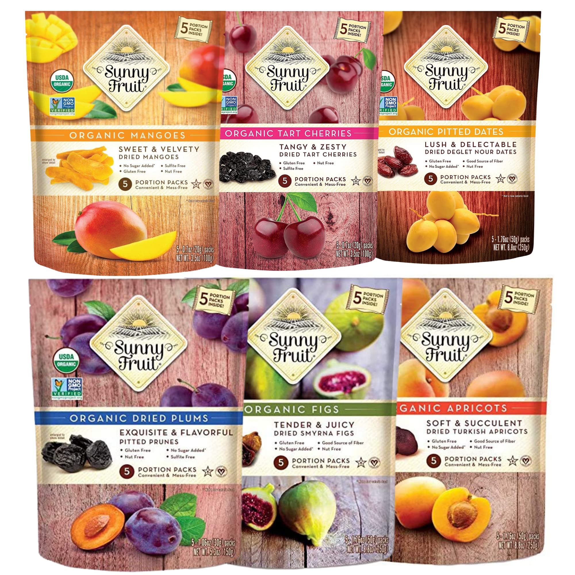 Organic Dried Fruit Assortment - Figs, Apricots, Dates, Mango, Cherries & Prunes Variety, 6 Bags (30 Individual Portion Packs) | NON-GMO, HALAL, KOSHER, NO PRESERVATIVES, NO SUGAR ADDED