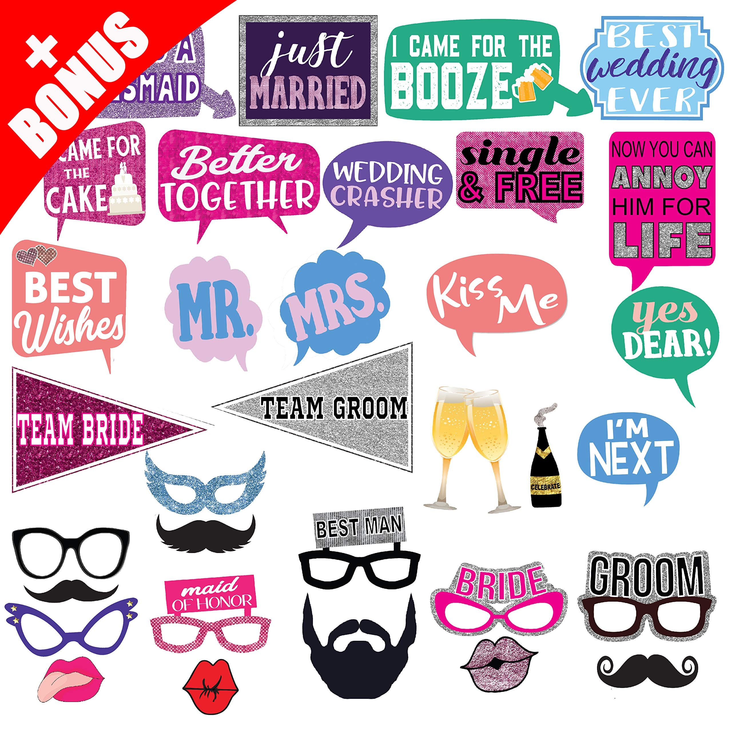 New Deluxe 33 Wedding Photo Booth Props Kit, Extra Extra Large, Fun, Unique, Memorable Designs, Bridal Party Supplies, Strong Bamboo Stick Sturdy Cardstock, Funny, Clever Signs by FunPartyProps