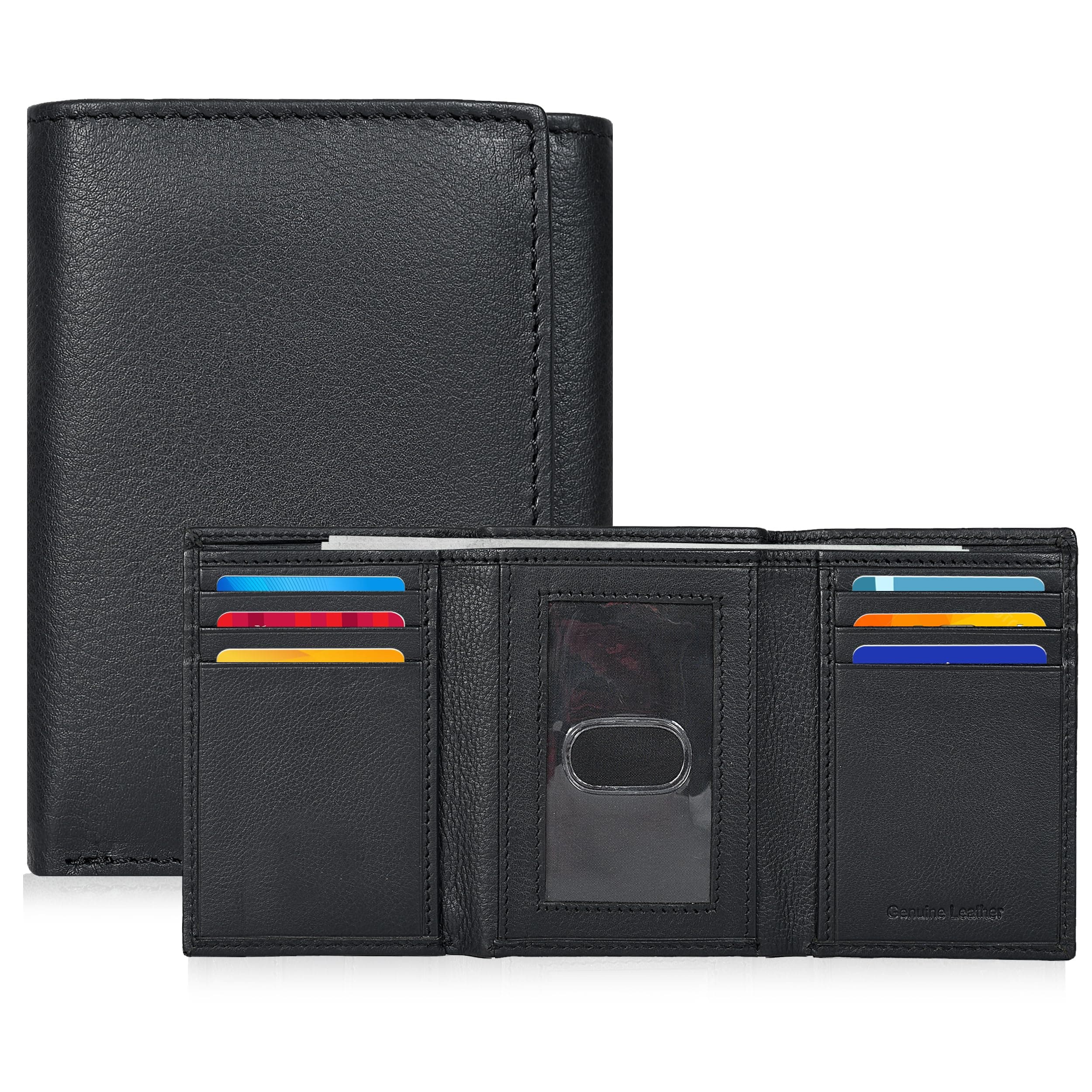 Real Leather Mens Trifold Wallet RFID Blocking Slim Minimalist Front Pocket - Thin & Stylish with ID Window in Gift Box