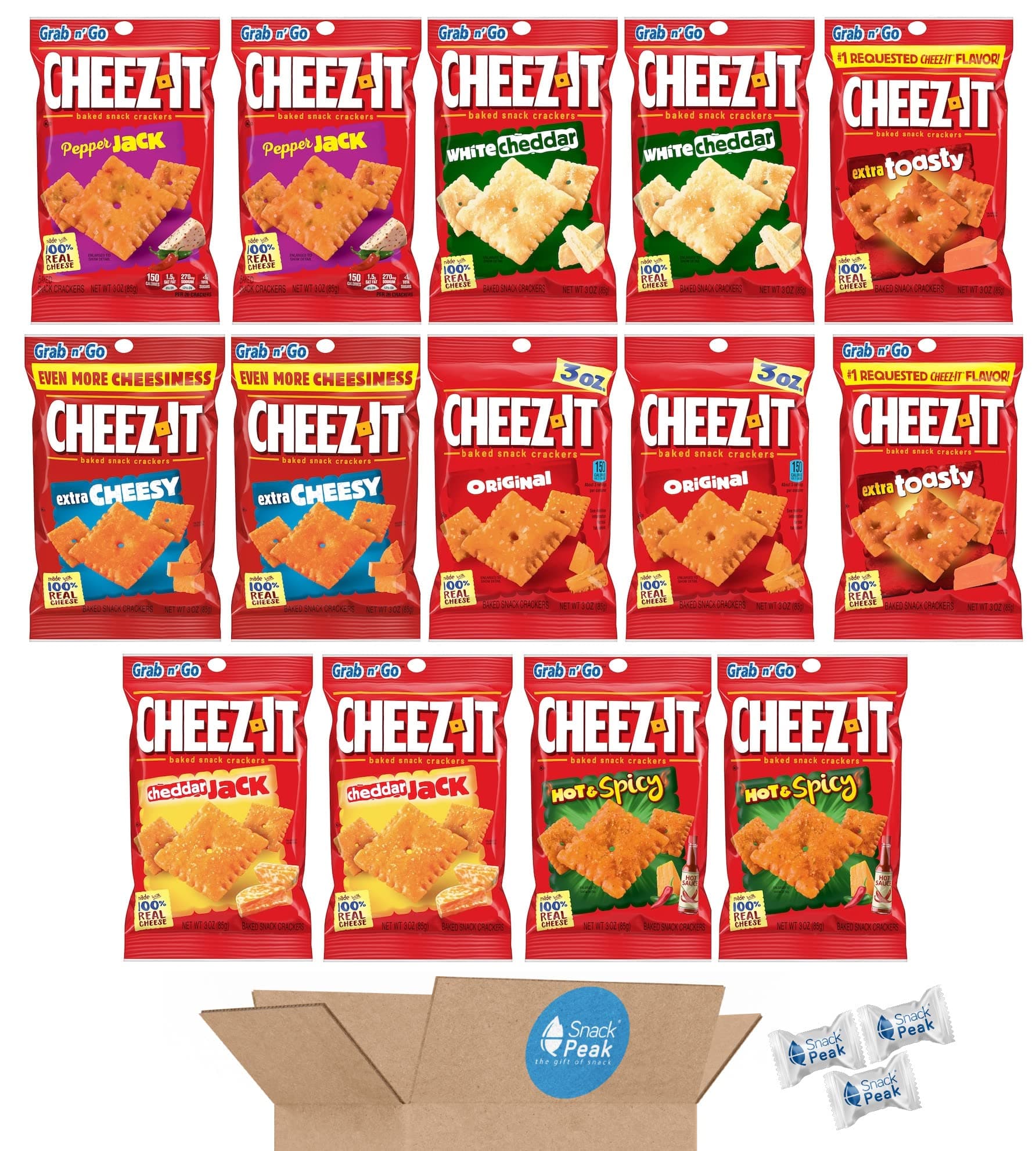 Snack Peak Cheez-It Variety Gift Box (14 – 3 oz bags) – Original, Hot and Spicy, Extra Toasty, Extra Cheezy, White Cheddar, Cheddar Jack and Pepper Jack
