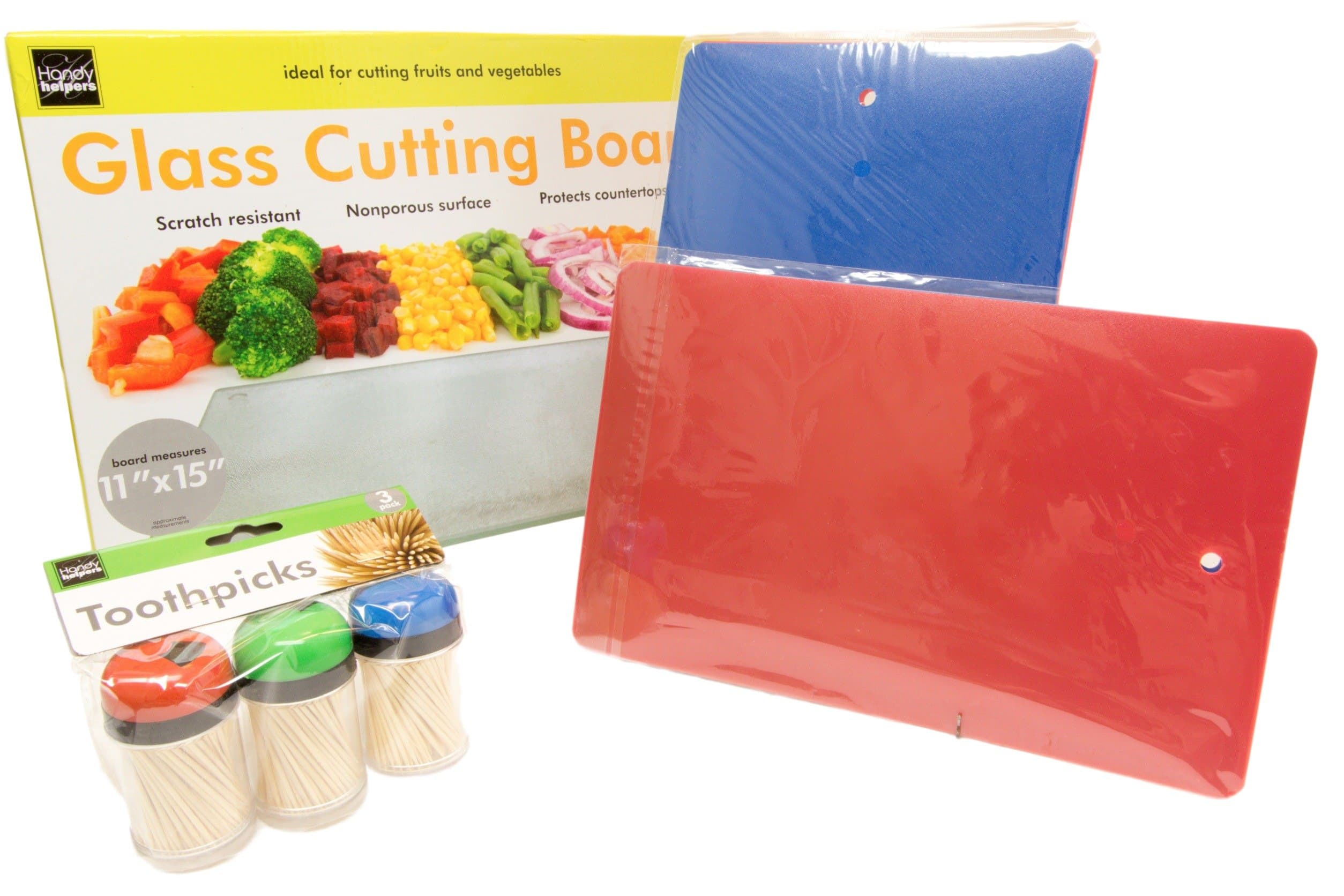 Glass Cutting Board w Chopping Mats PLUS | 11" x 15" Scratch Resistant | Guaranteed | Rubber Feet | Countertop Protection | (4) Flexible Washable Carving Mats | Platters | 3Pk Toothpick Dispensers