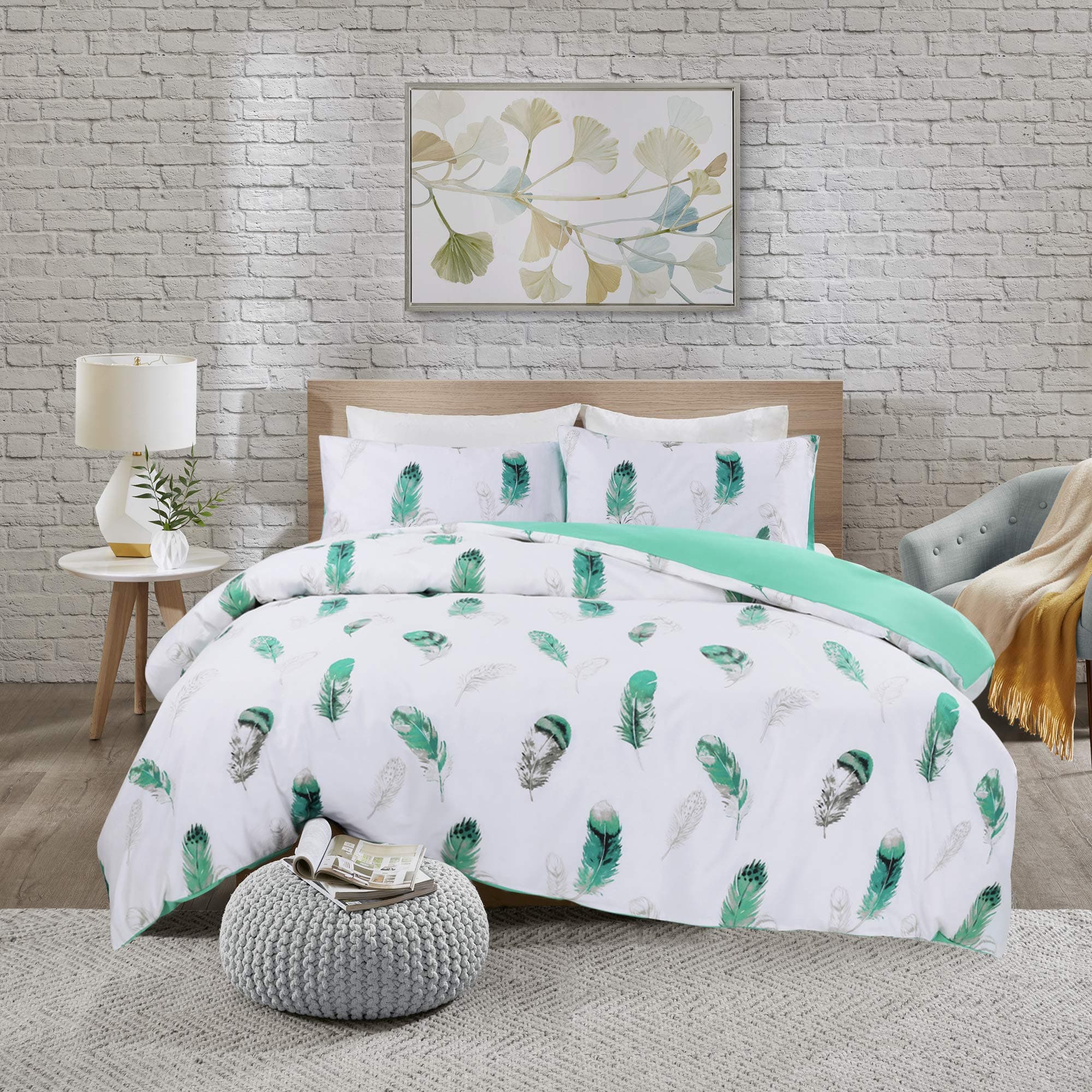 Floating Feathers Printed Duvet Cover Set King Size - Teal & White Vintage Hummingbird Feathers Motifs Design - 3 Pics Ultra Soft Hypoallergenic 100% Cotton Quilt Cover Sets