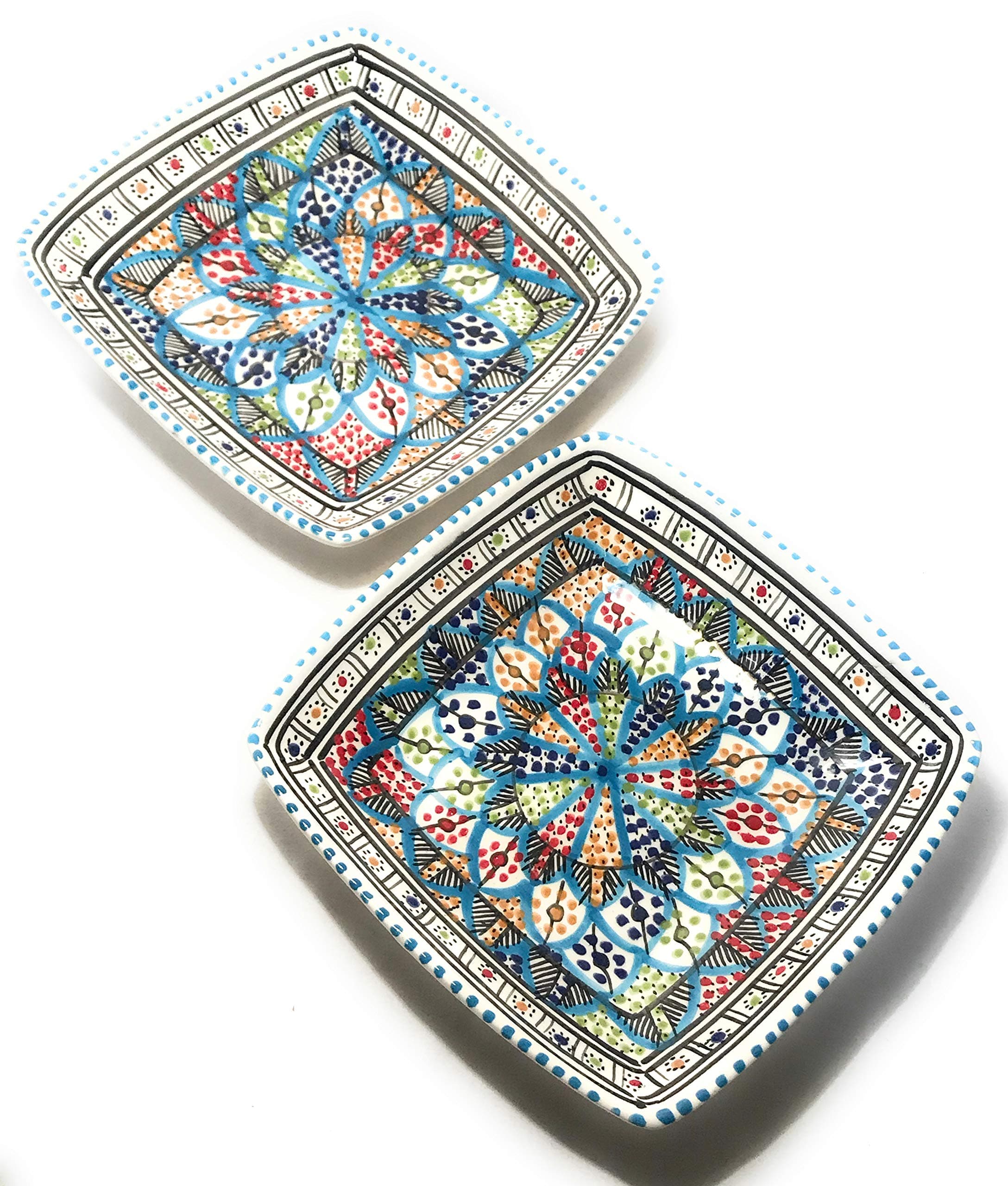 Dinner Bowls, Deep Plates x 2 in Tunisian Rainbow Design. Handmade & Hand Painted 20cms Approx