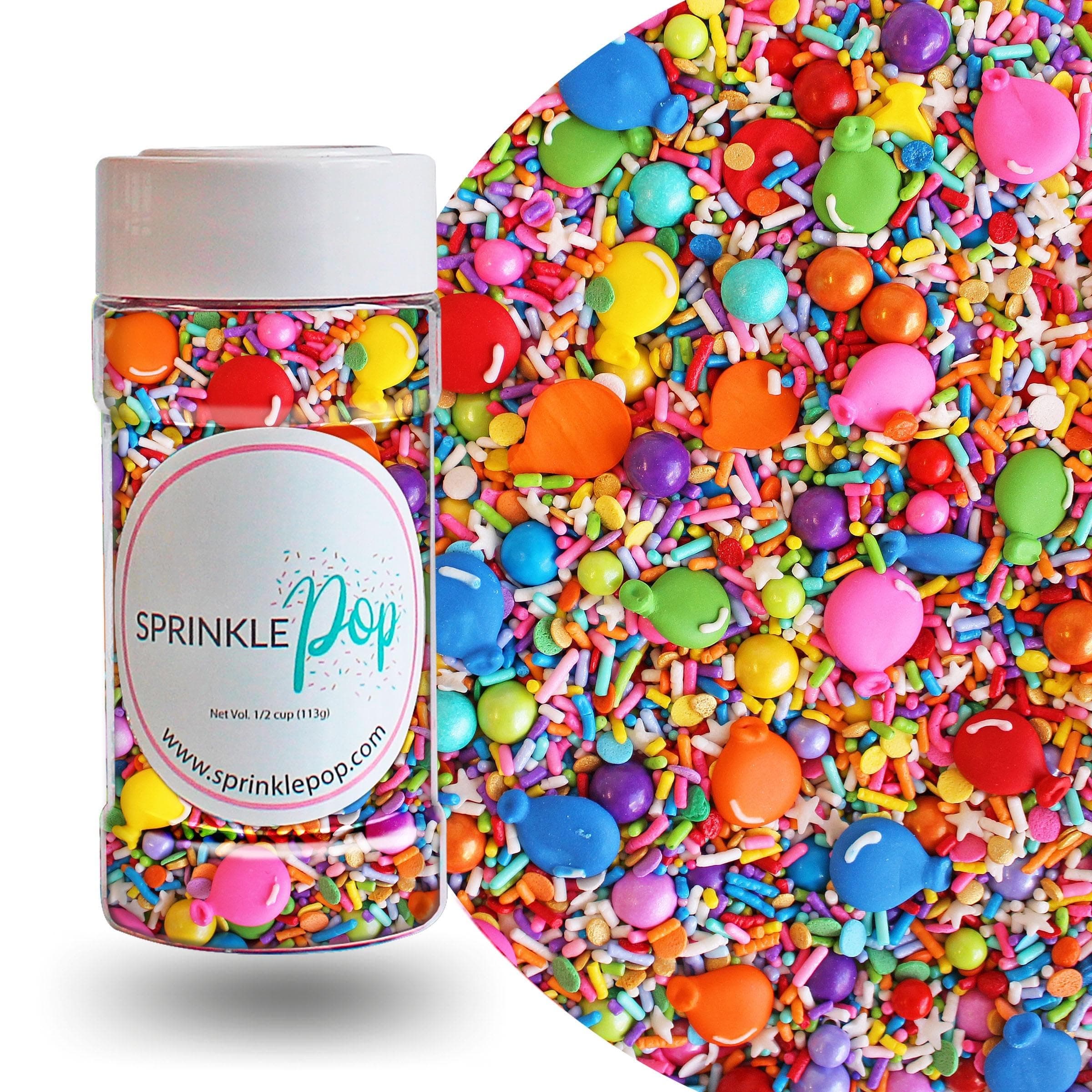 Sprinkle Pop Rainbow Birthday Sprinkle Mix| Red Orange Yellow Blue Iridescent Rainbow Sprinkles with ~12 Royal Icing Balloons| Girl Boy Sprinkles Made in USA for Decorating Cakes Cupcakes Cookie, 4oz