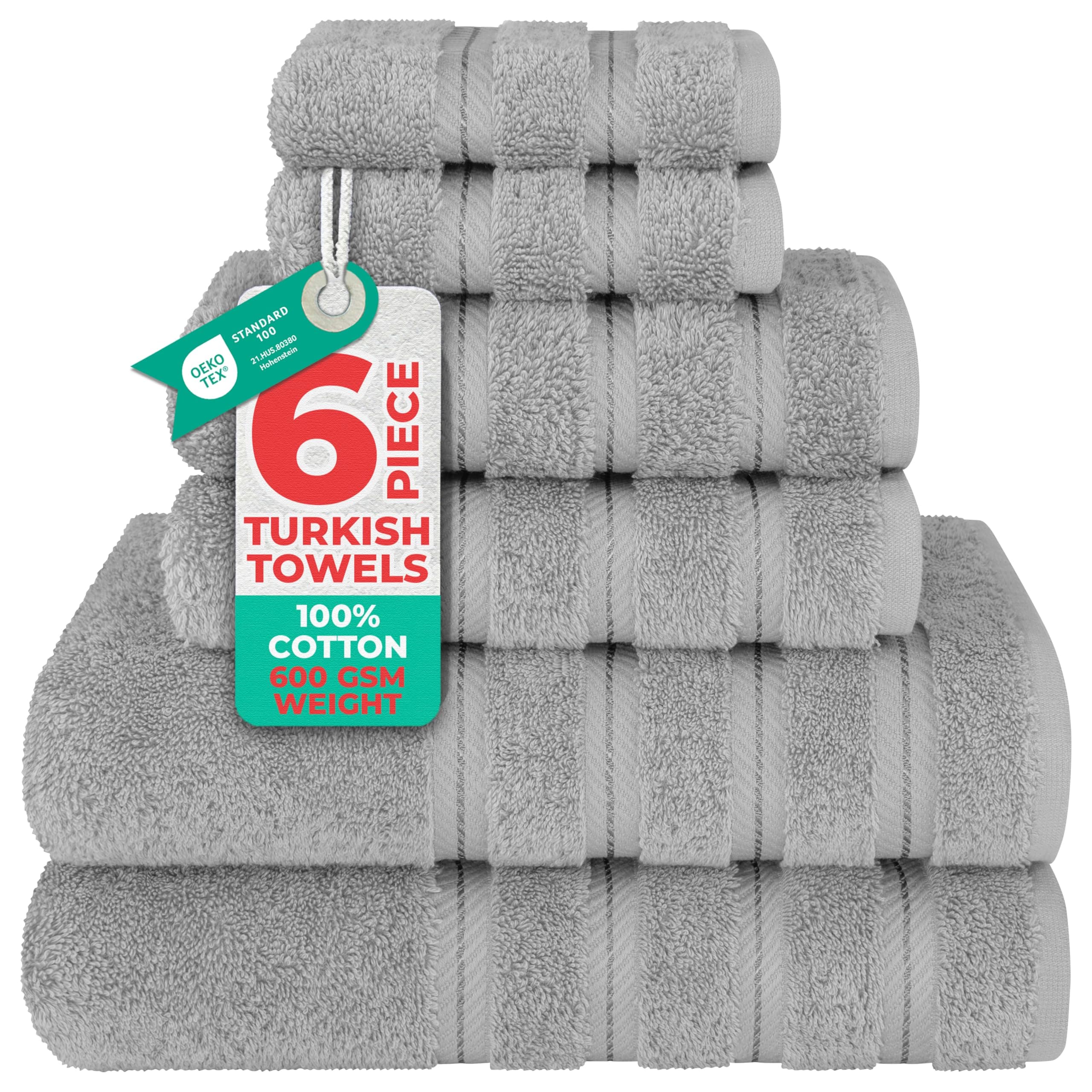 American Soft Linen Luxury 6 Piece Towel Set, 2 Bath Towels 2 Hand Towel 2 Washcloths, 600 GSM 100% Cotton Turkish Towels for Bathroom, Light Grey Towel Sets