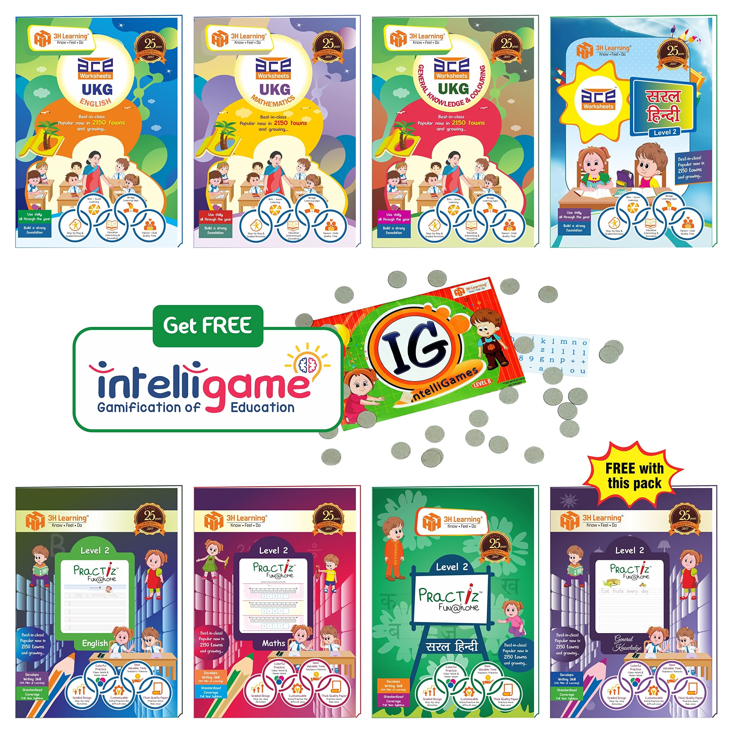 3H Learning Know Feel Do UKG Kids (4-6 Years) All-in-One 548 Pages ACE Early Worksheets & Writing Practice in English, Mathematics, Hindi, General Knowledge / EVS (KG 2) 7 Books Bundle from