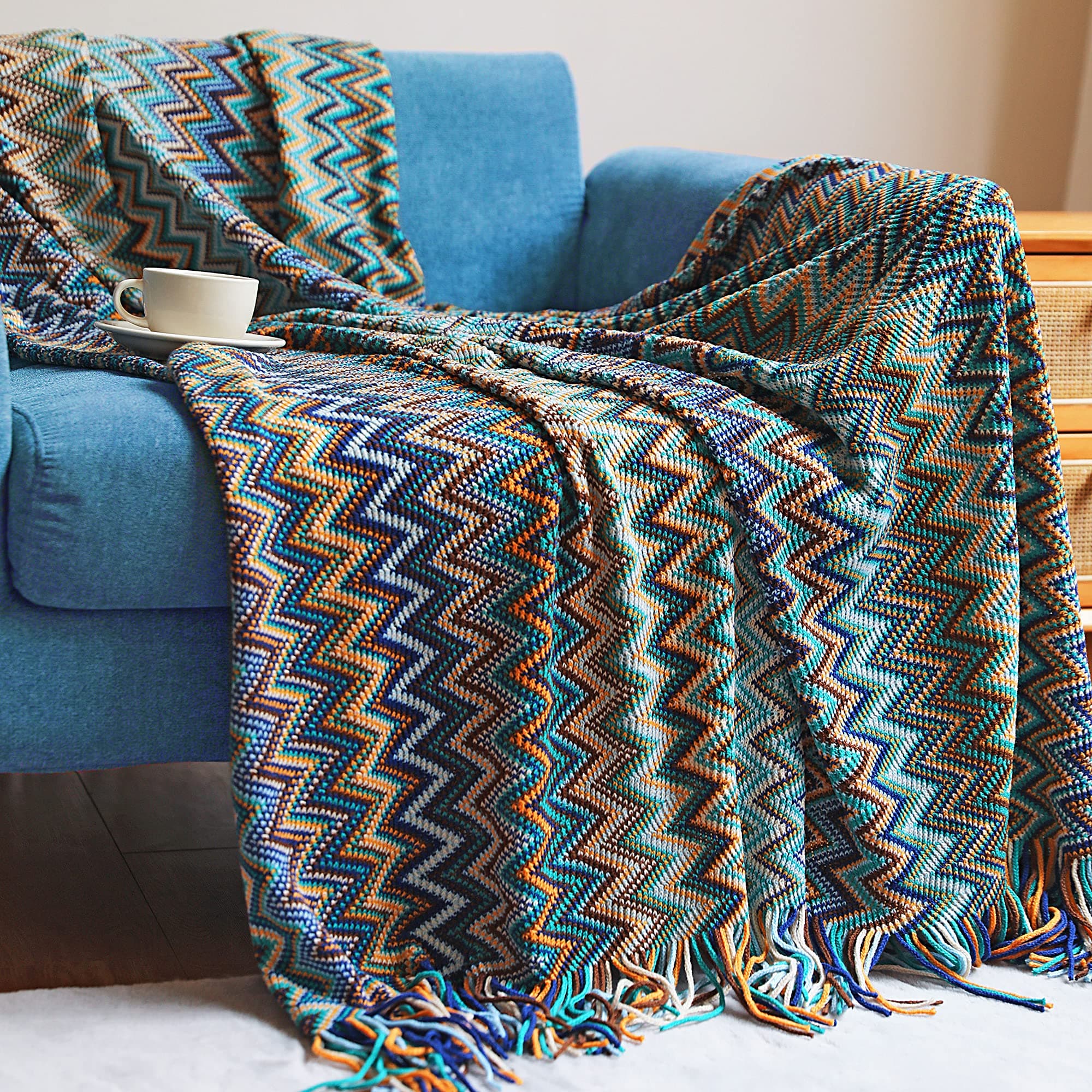 Boho Throw Blankets for Outdoor, Knitted with Tassel , Super Soft Cozy Lightweight Couch Decorative Bohemian afghans Blankets for Bed, Sofa - All Seasons (Blue 50x60 Inch)