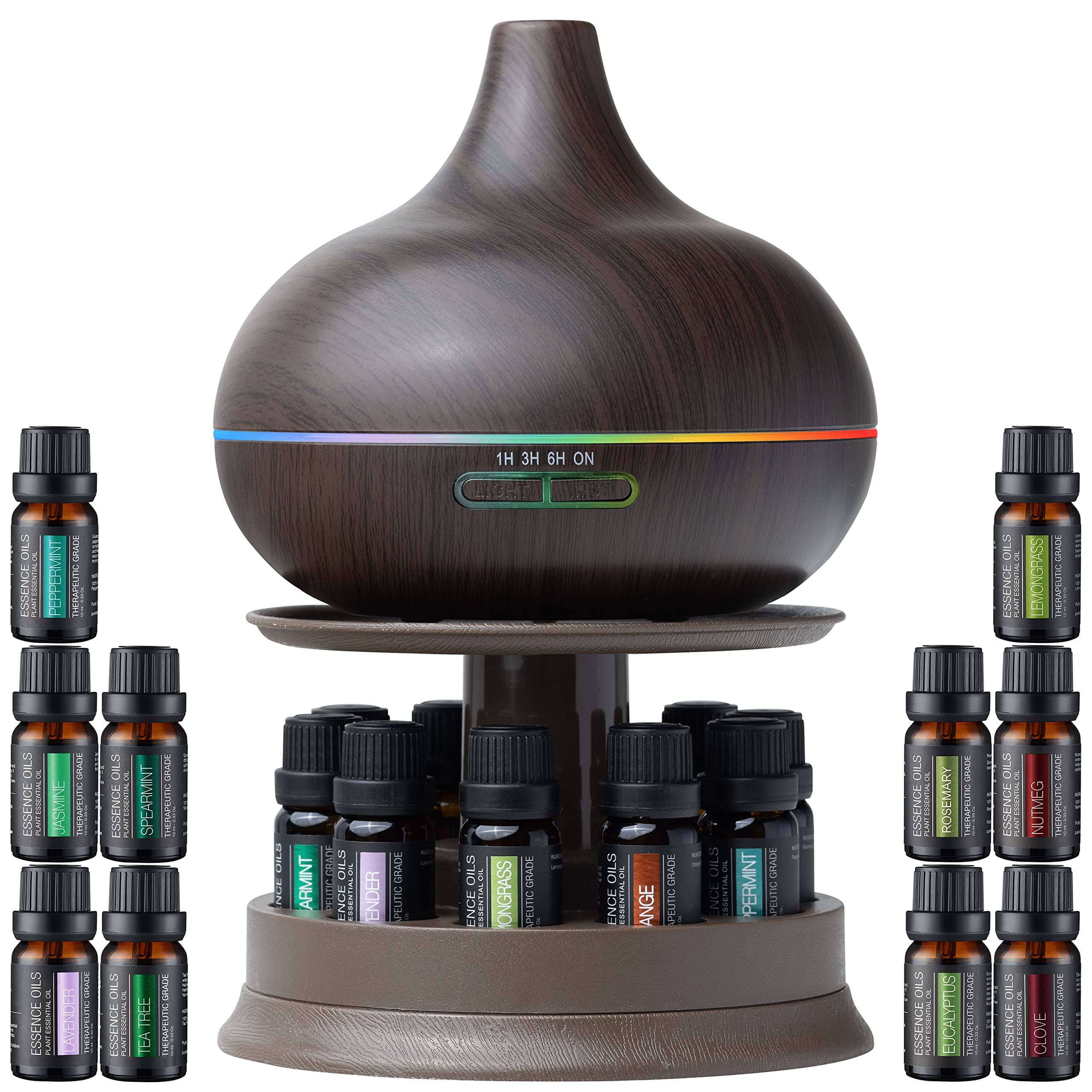 Pure Daily Care Ultimate Aromatherapy Diffuser with Essential Oil Set - 300ml Ultrasonic Diffuser, 4 Timer & 7 Ambient Light Settings - 10 Therapeutic Grade Essential Oils - Oak Wood with Stand