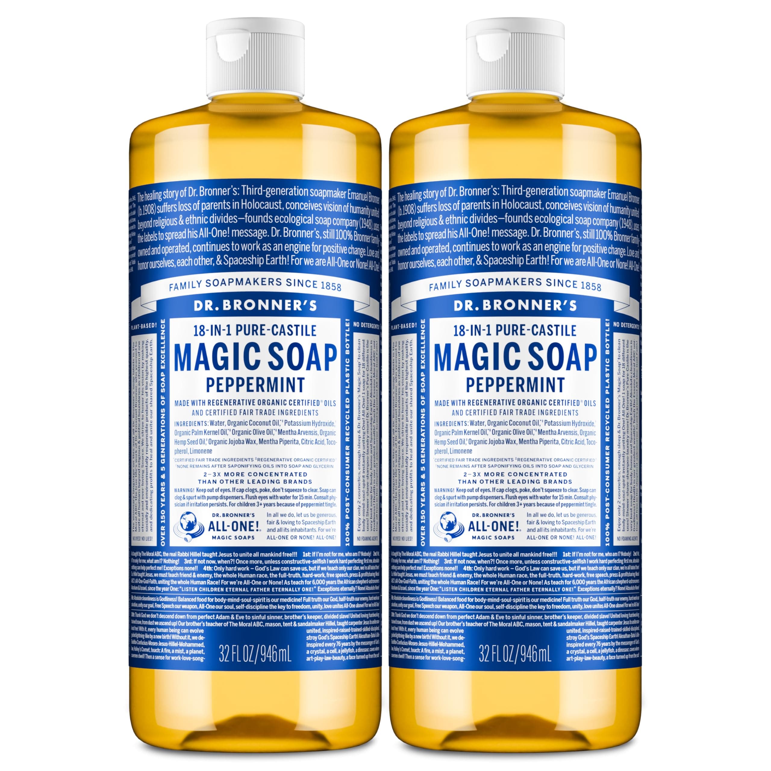 Dr. Bronner's Pure-Castile Magic Liquid Soap- Made with Regenerative Organic Oils- For Body, Face, Hair, Dishes, Pets, Laundry Natural, Vegan, Non-GMO - Peppermint, 32 oz (2-Pack)