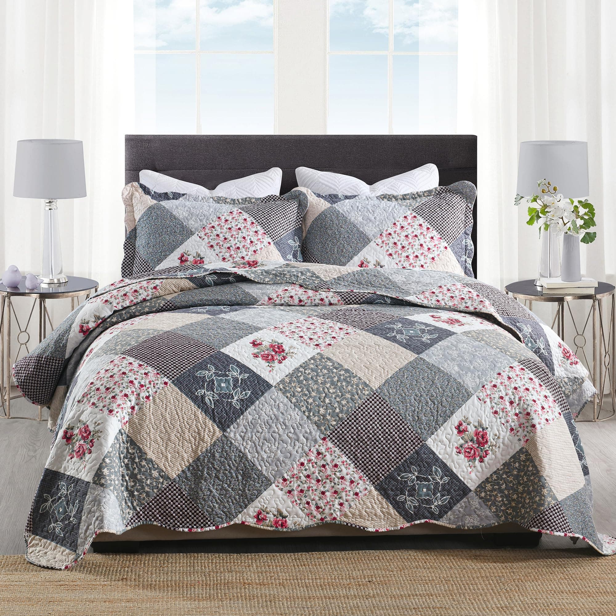 HoneiLife Quilt Set King Size - 3 Piece Microfiber Reversible Bedspreads Patchwork Coverlets Floral Bedding Set All Season Quilts-Grey Rose