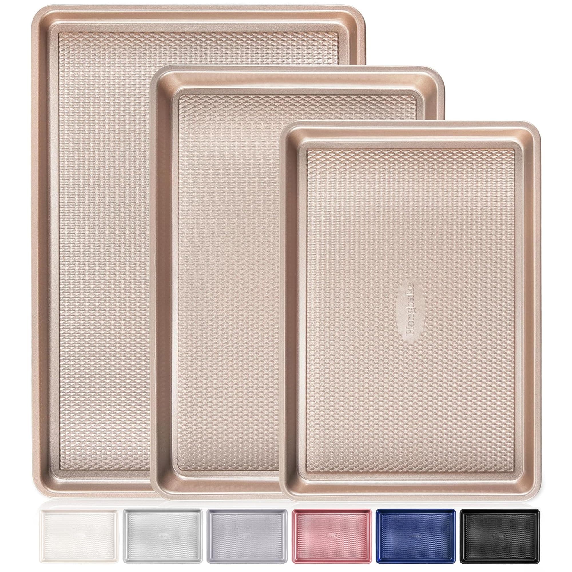 HONGBAKE Baking Tray Set of 3, Cookie Baking Sheets for Oven, Nonstick Half/Quarter/Jelly Roll Pans with Diamond Texture Pattern, 0.8mm Thickest Heavy Duty Cookie Tray, Champagne Gold