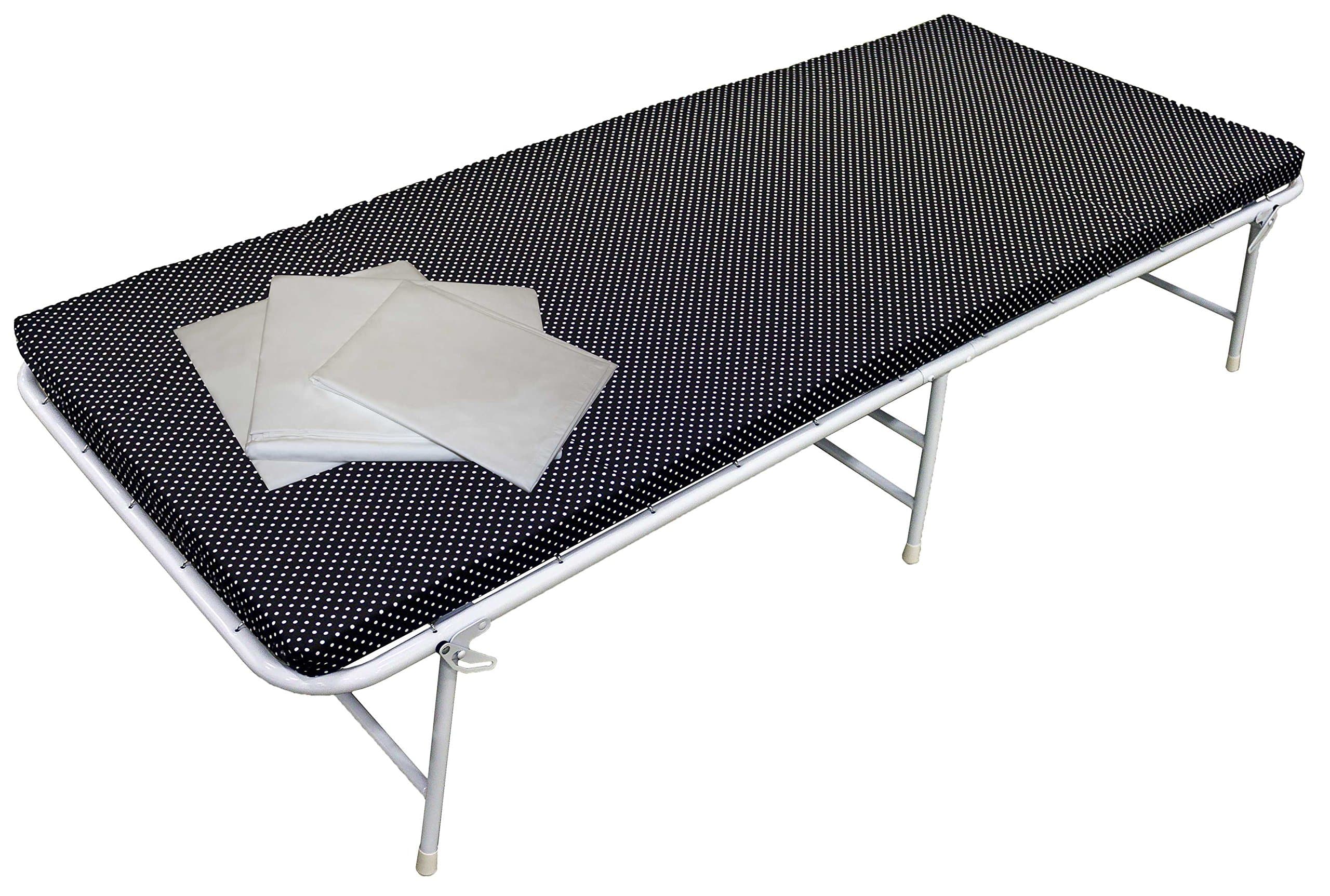Corner Housewares iBED 3" Foam Folding Hideaway Guest Bed with Folding No Assembly Ultra Compact Spring Supported Bedframe, Storage Bag and 3 Piece Sheet Set