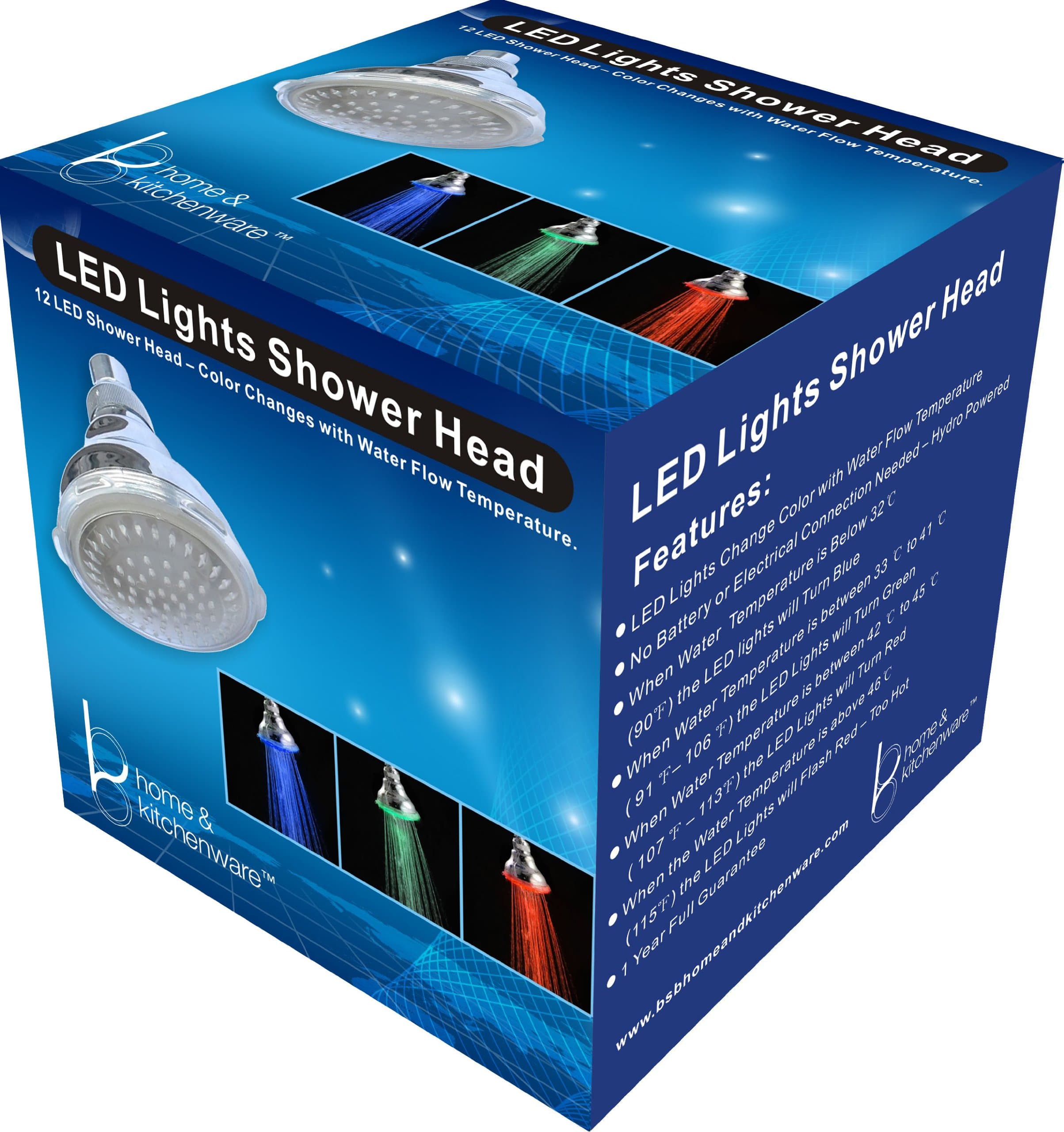LED Showerhead with 12 Temperature-Sensitive, Color-Changing LEDs