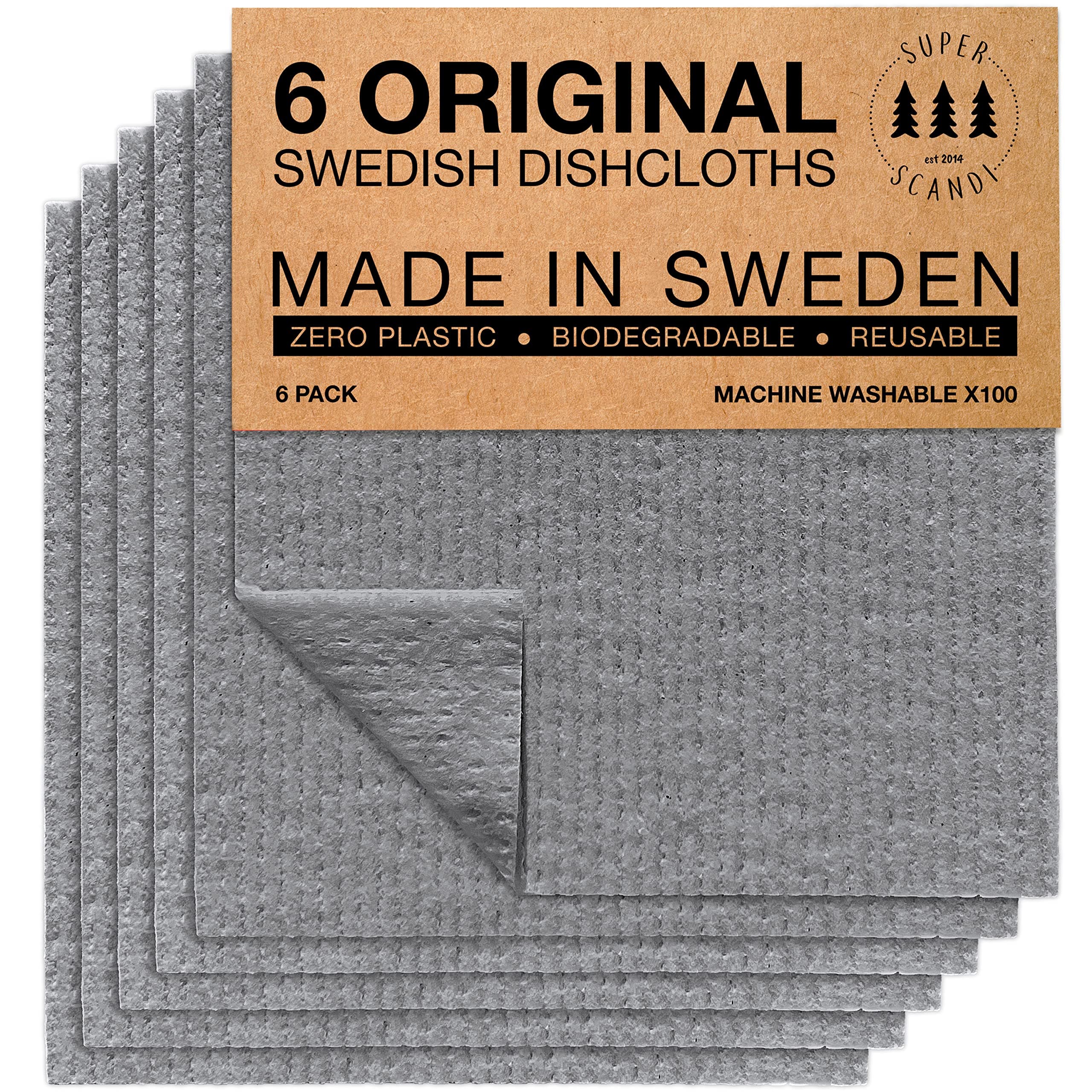 6 Pack Reusable Cleaning Cloths - 100% Biodegradable & Compostable Washable Swedish Dishcloth - Food-Safe & Plastic-Free Kitchen Cloth Suitable for Any Surface, Grey