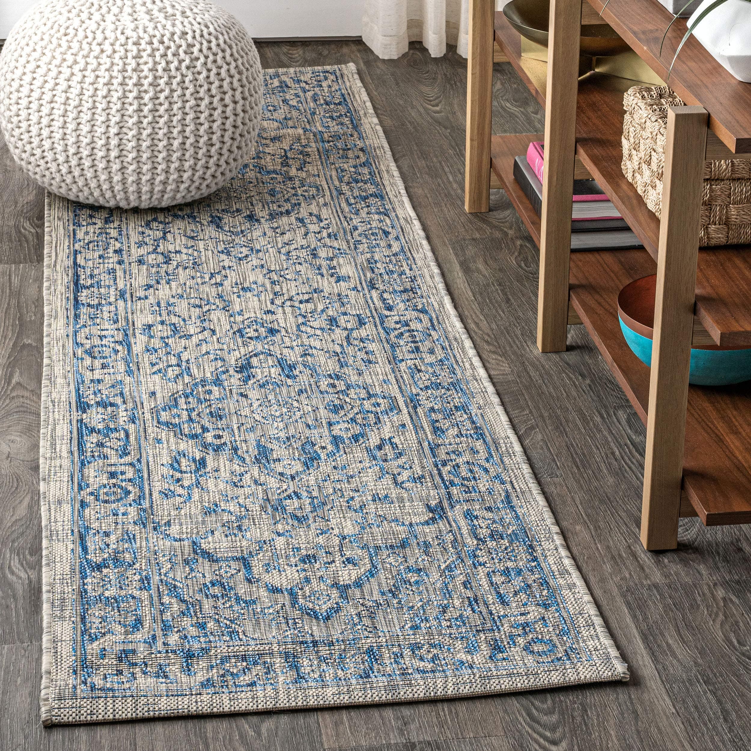 JONATHAN Y SMB102B-28 Rozetta Boho Medallion Textured Weave Indoor Outdoor -Area Rug Coastal Bohemian Rustic Glam Easy-Cleaning Bedroom Kitchen Backyard Patio Non Shedding, 2 X 8, Gray/Navy