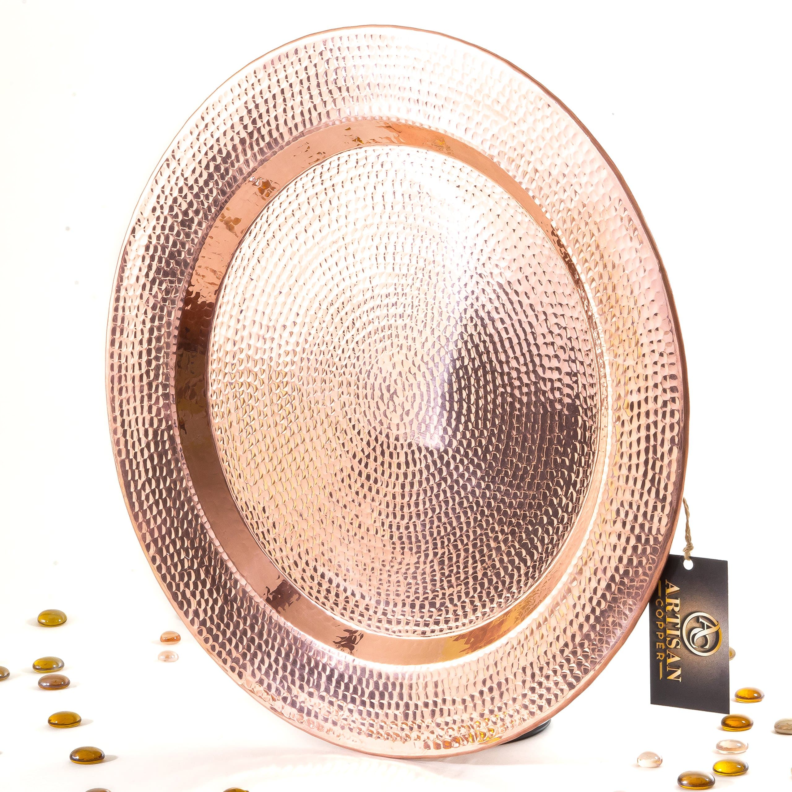 Hammered Pure Copper Serving Tray (LARGE) - Handmade Round Charger Plate (17" Tray)