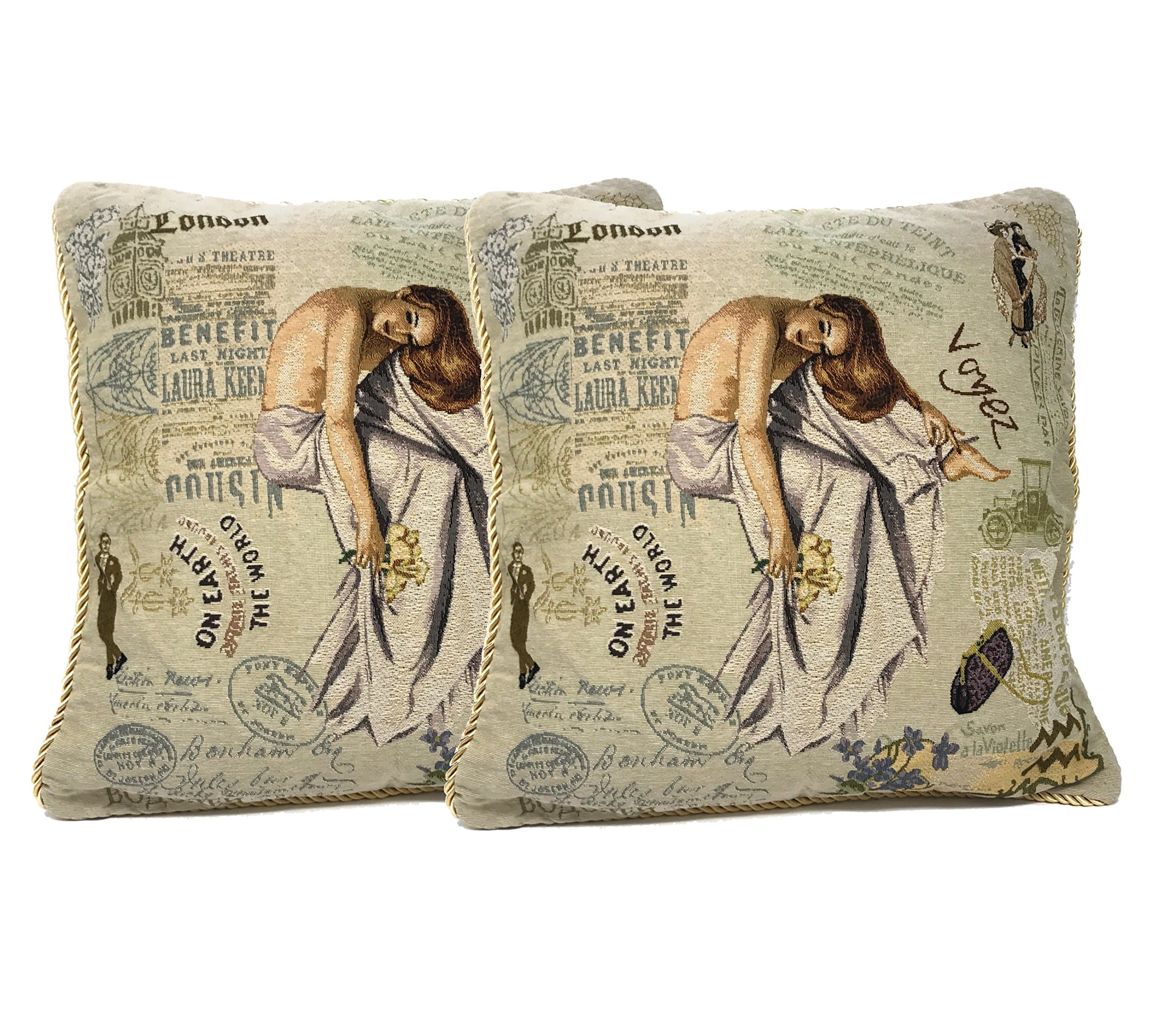 Tache 2 Pc Square Vintage Parsian Model Tapestry Cushion Throw Pillow Cover Set