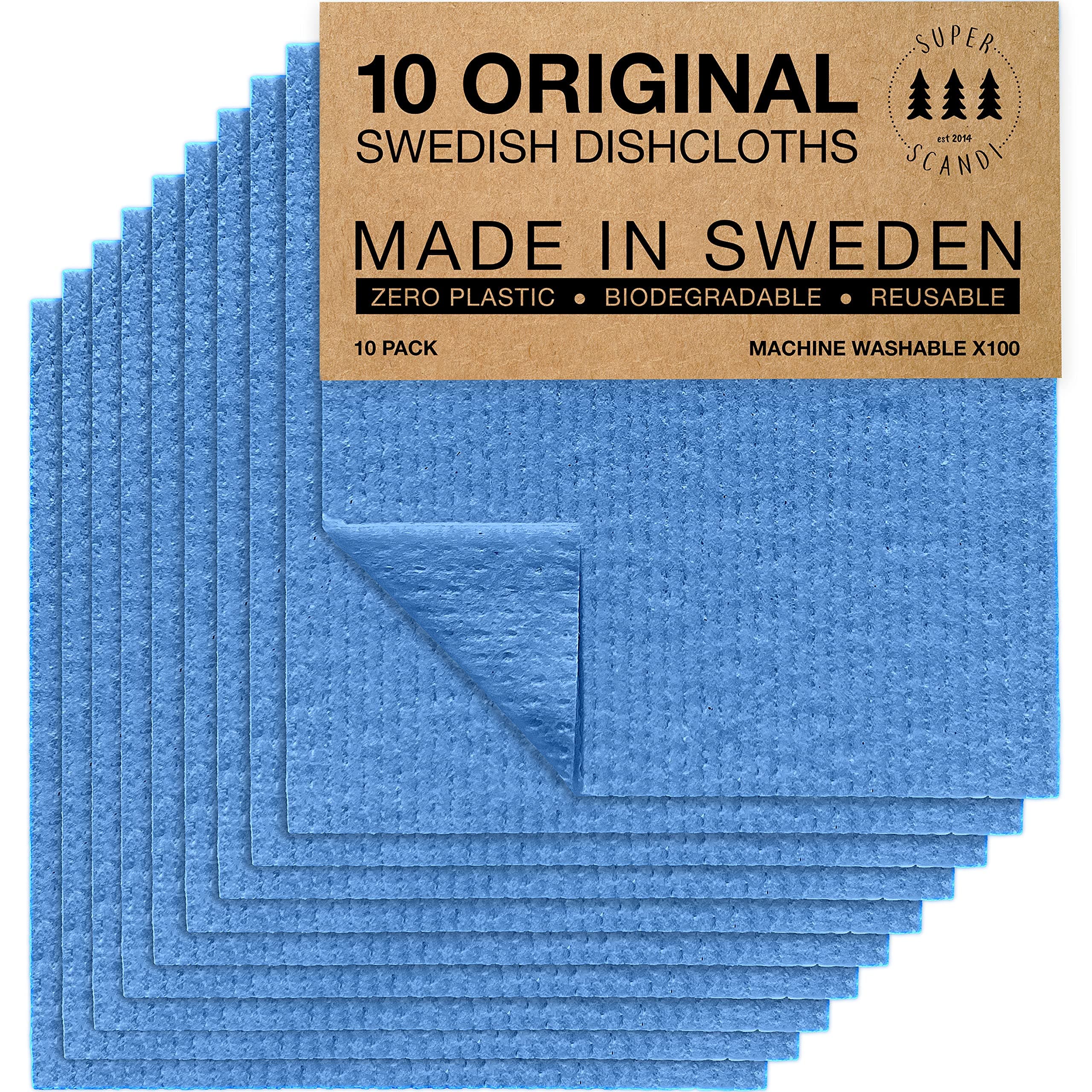 SUPERSCANDI 10 Pack Reusable Cleaning Cloths - 100% Biodegradable & Compostable | Washable Swedish Dishcloth - Food-Safe & Plastic-Free | Kitchen Cloth Suitable for Any Surface, Blue