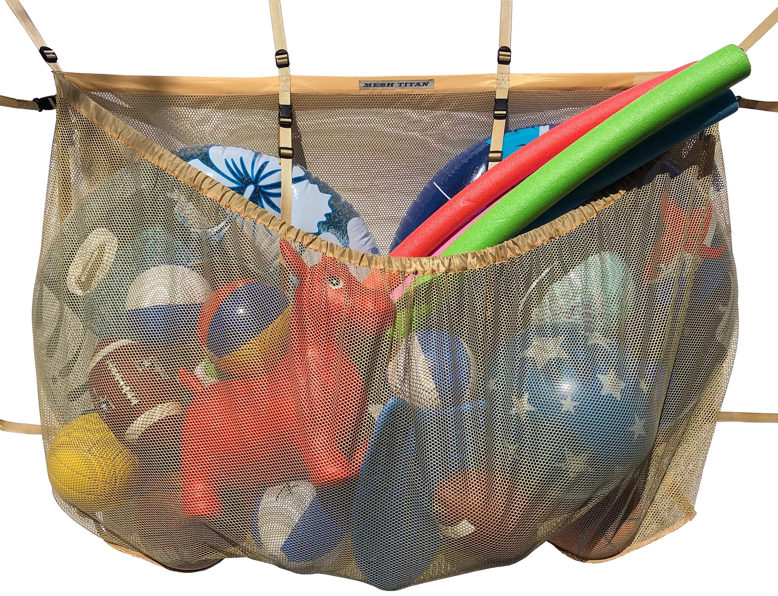 Pool Storage Bag - Beige - Adjustable, Versatile Organizer Bag Pool, Fence, Deck, Garage, Gym - 60” Pouch Floats, Sports Balls, Inflatable rafts, Toys, Yoga More