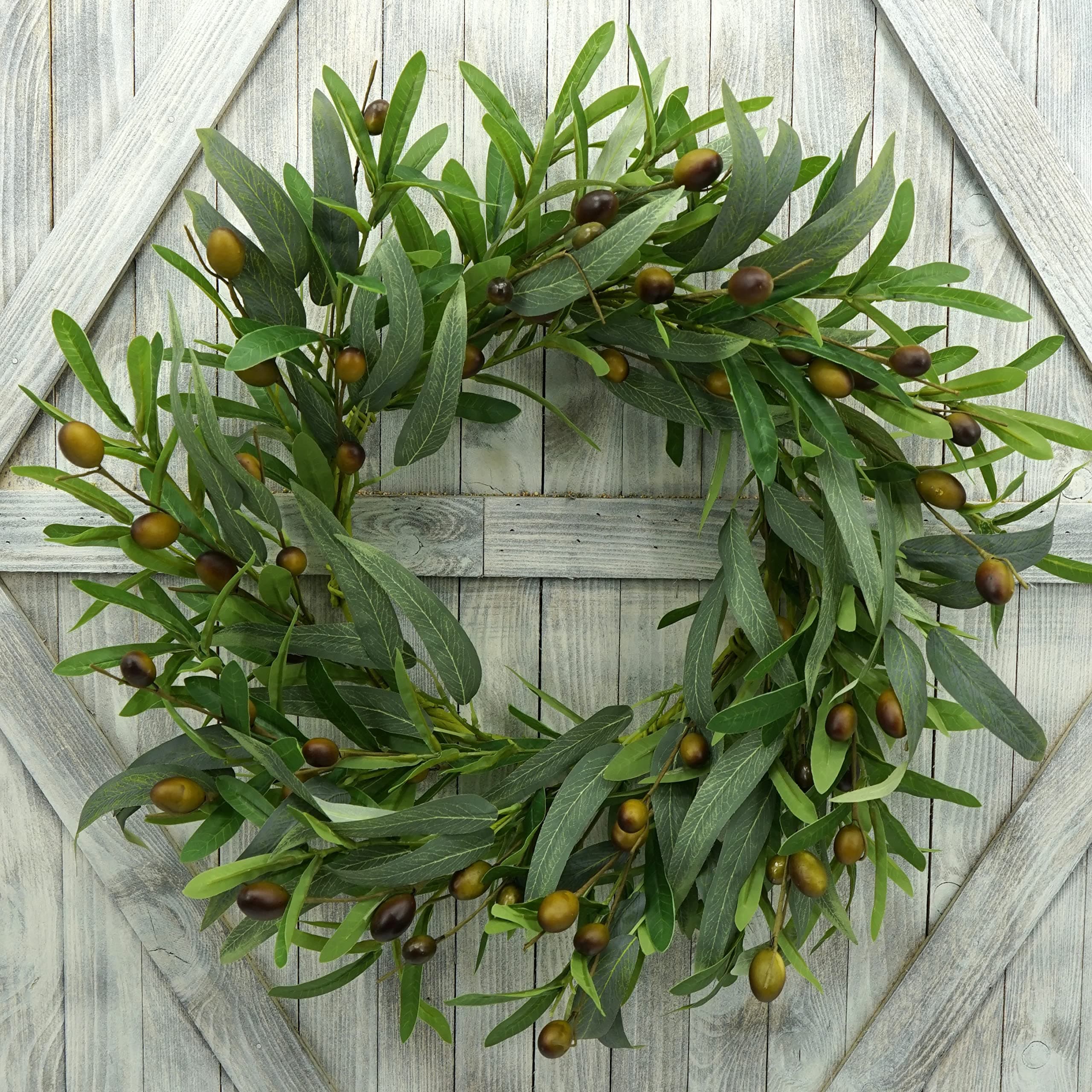 20 inches Artificial Green Olive Wreath Greenery Wreath with Olive Leaves, Bean for Front Door Indoor Outdoor Farmhouse Home Wall Window Festival Wedding Decor, White Gift Box Included