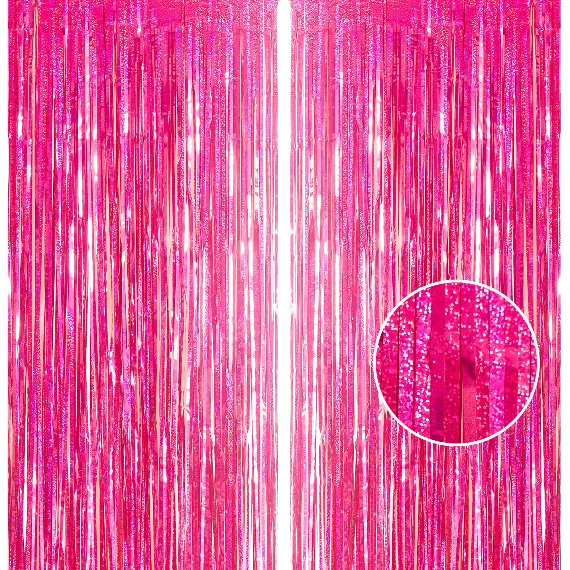 – 2pcs 3.2 x 8.3ft Glitter Hot Pink Tinsel Curtain Foil Curtain Decorations Metallic Tinsel Door Hanging Foil Flow Silk Streamers Photo Backdrop Decoration for Flamingo Birthday Disco Girls Party Decor