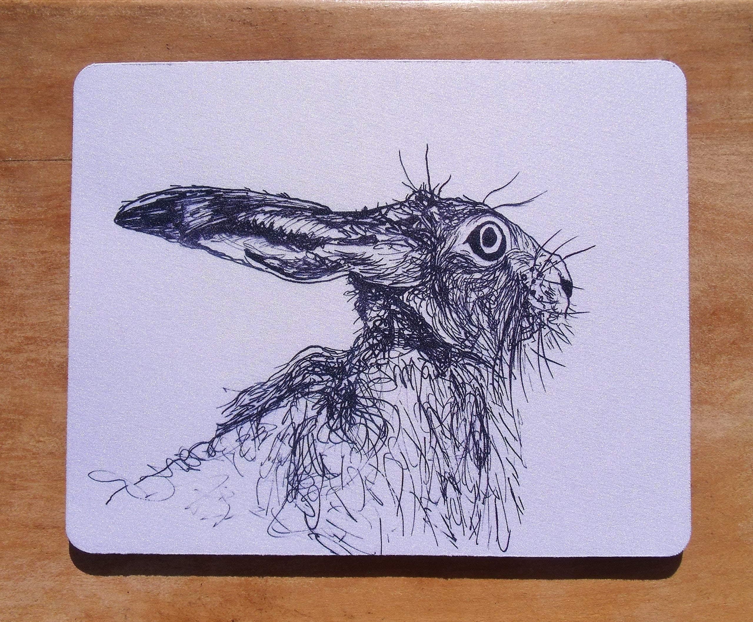 Hare Mousemat Computer Laptop Mat Wildlife Watcher Lover Fan Gift White Black Postable hayleymillsart Hayley Mills Art