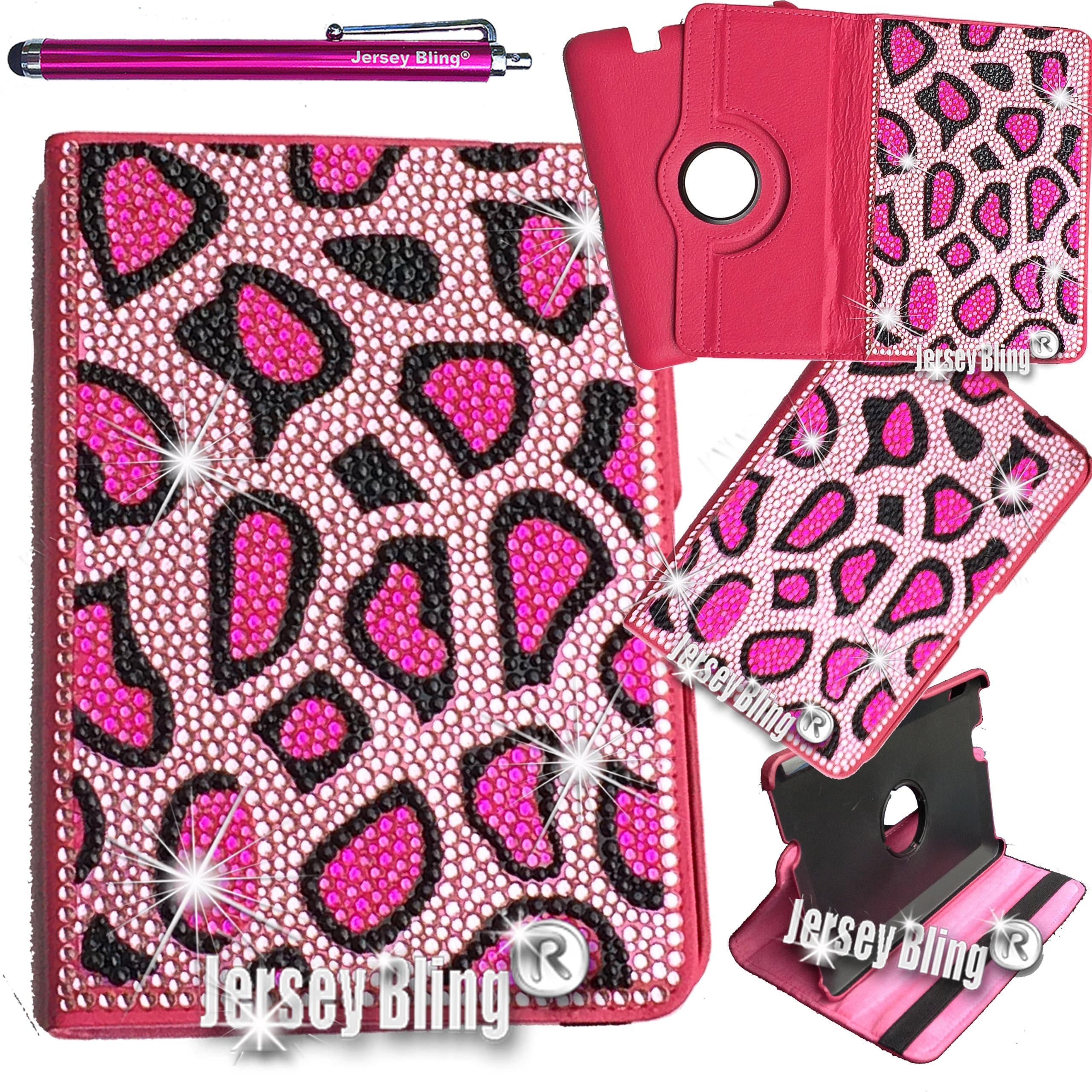 Jersey Bling® Kindle Fire 7" HDX Pink, Leopard, 3D Gems, Crystal Rhinestone Rotating Faux Leather Case with Built in Stand & Free Stylus (HOT Pink Cheetah)