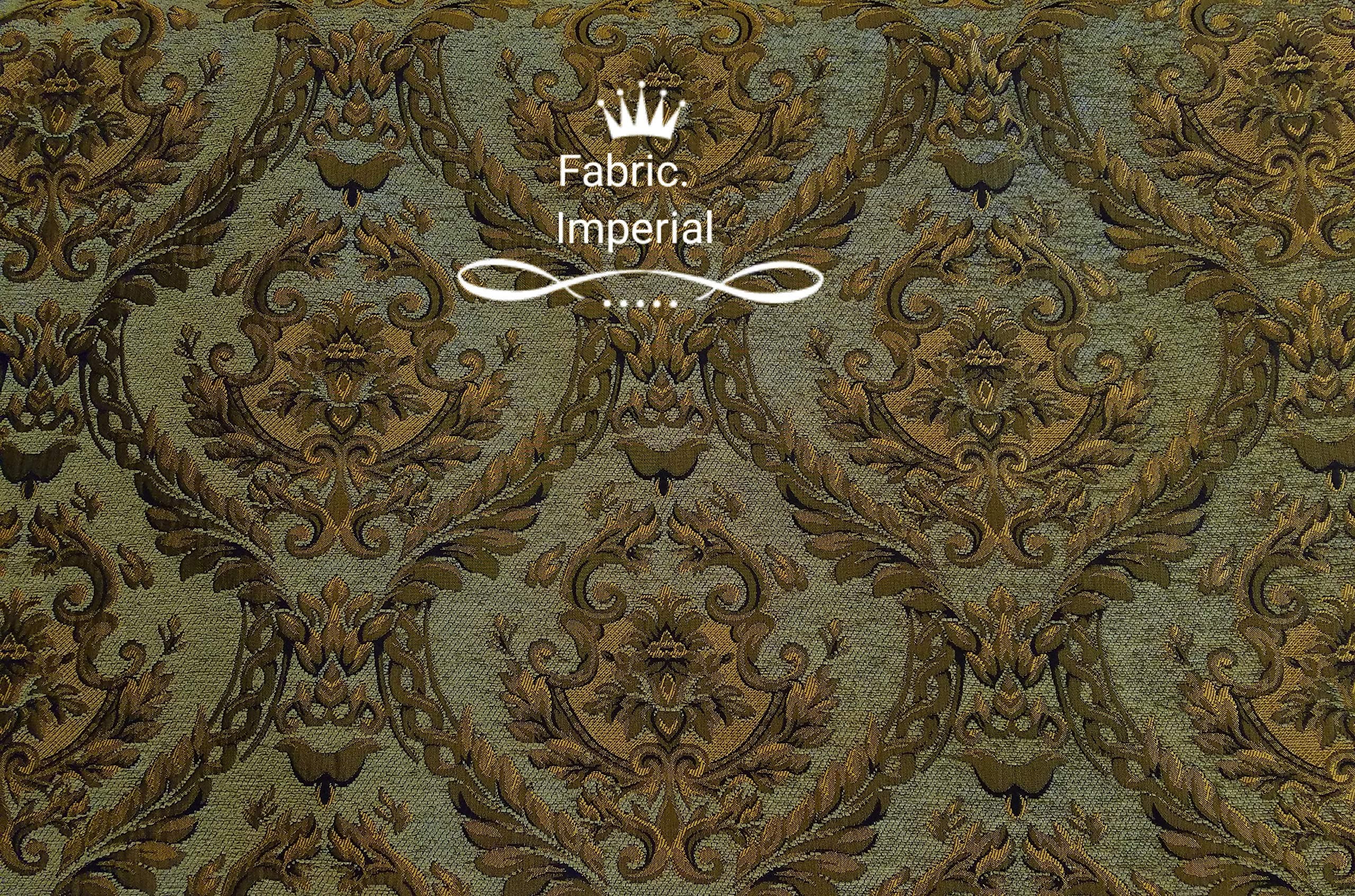 Damask Tapestry Chenille Fabric - Upholstery Fabric, 60" Width - Sold BTY (L.Green/Gold)