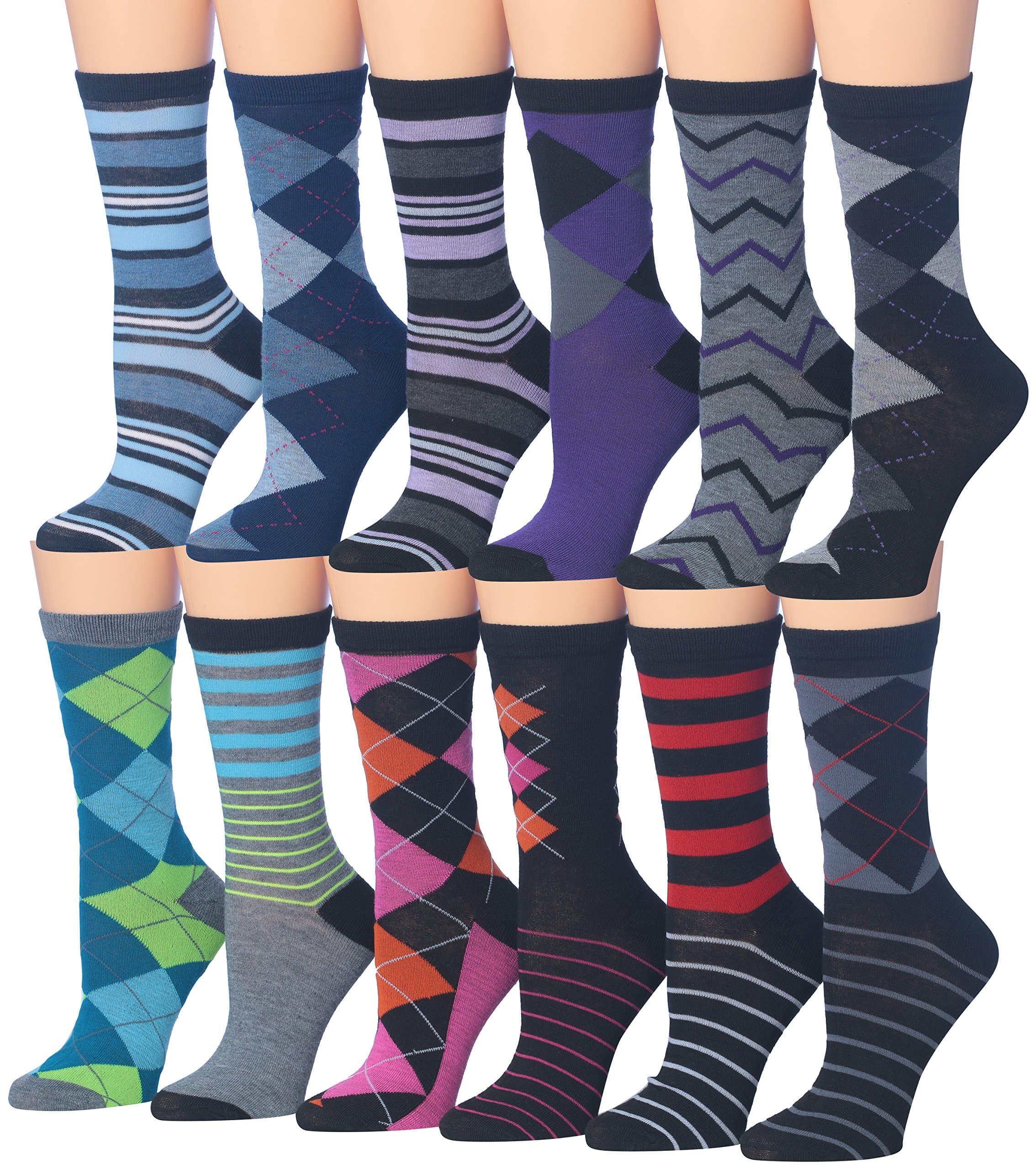 Tipi Toe Women's 12 Pairs Colorful Patterned Crew Socks Available In Sizes