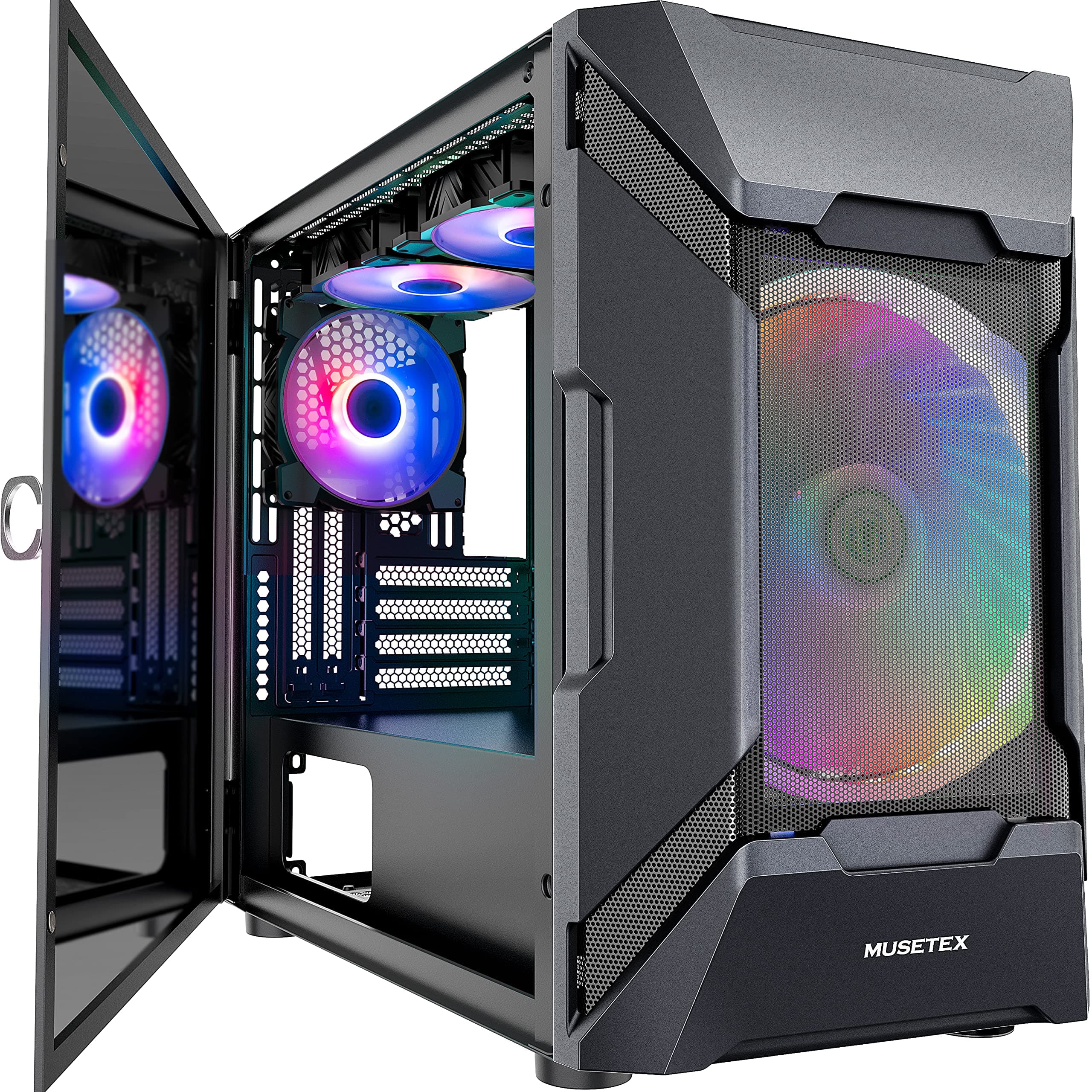 MUSETEX MATX (Micro-ATX) Tower Computer Case 3 PCS 120MM ARGB Fans + 1x 200MM ARGB Fan Pre-Installed, Opening Tempered Glass Panel & Mesh Front Panel Airflow Gaming PC Case (MK7-GN4)