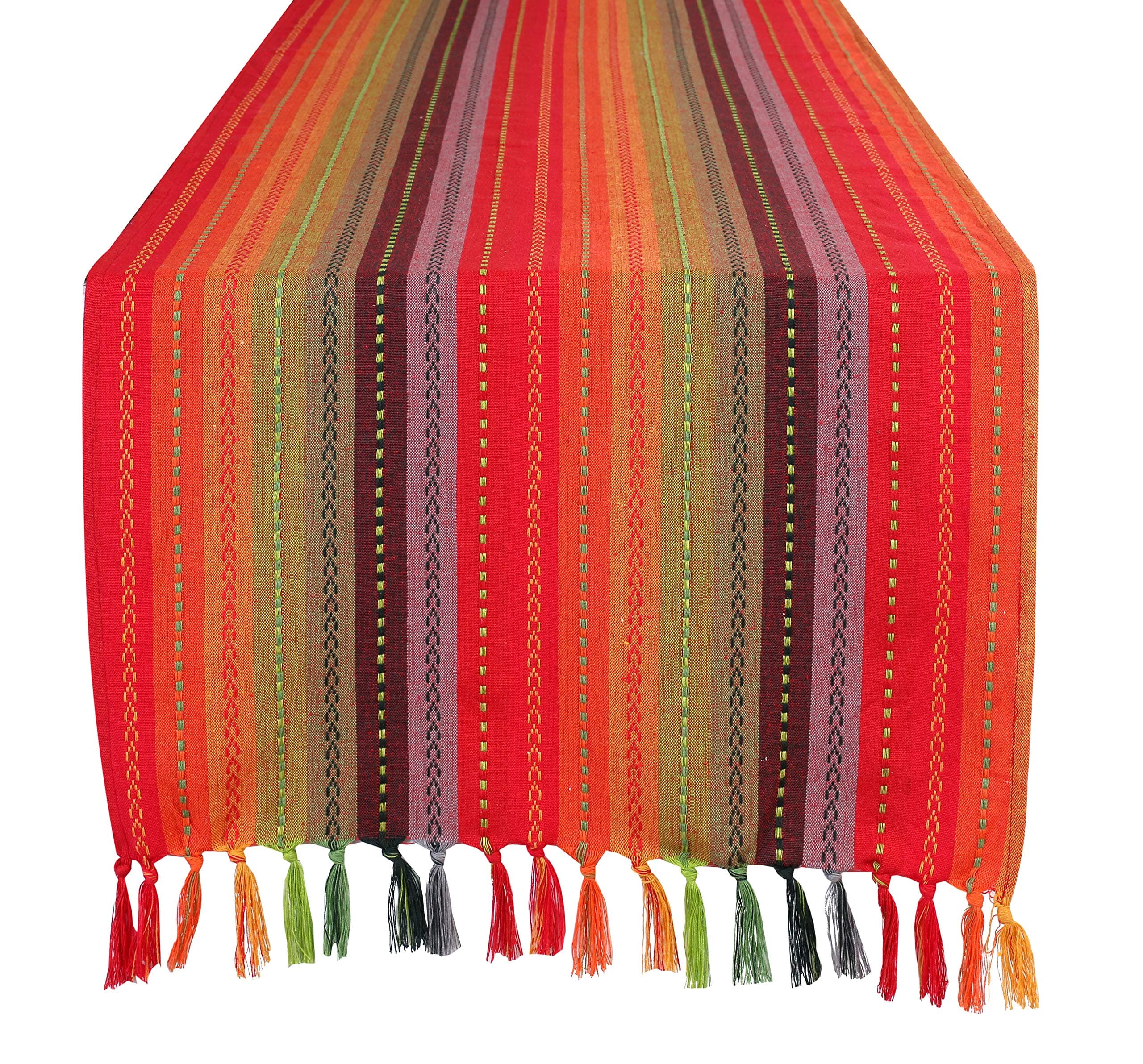 Salsa Stripe Hand Knotted Fringe Oversized Table Runner - 18x72 - Red Multi - 100% Cotton - Hand Woven by Skilled artisans - Hand Knotted Decorative Fringes - Set of 2