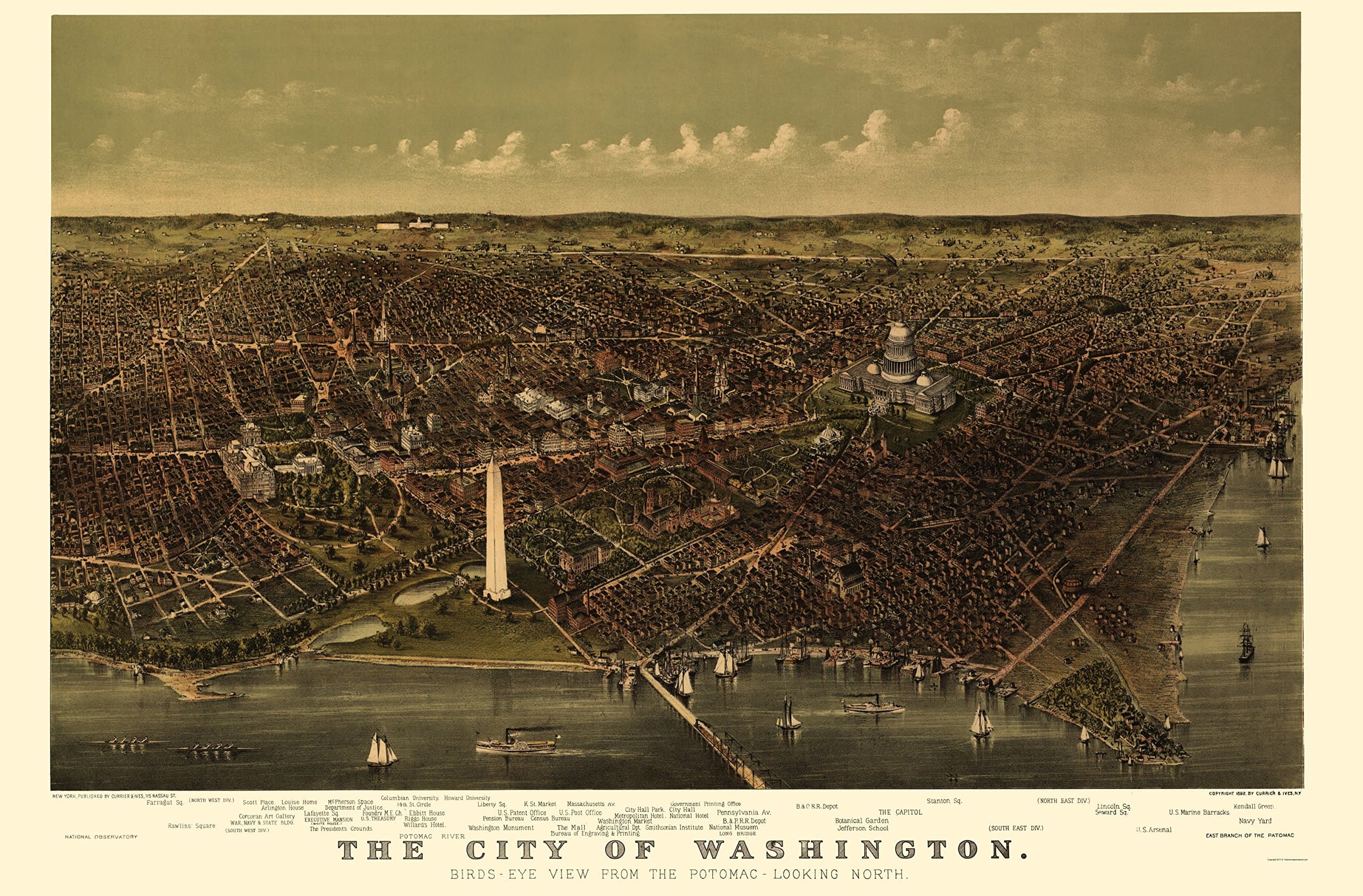 WASHINGTON DC PANORAMIC BY CURRIER & IVES 1892
