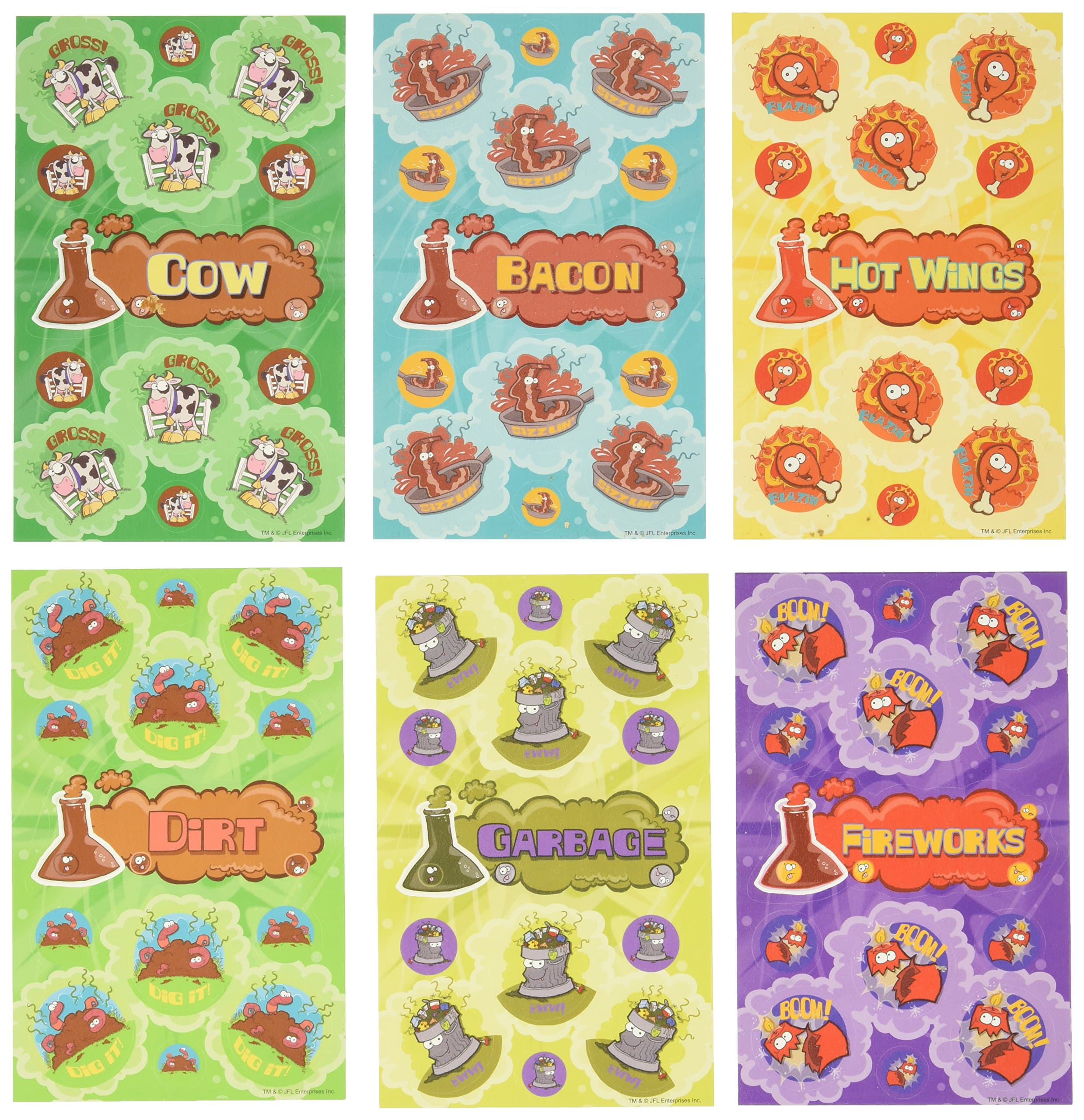 Just For Laughs Dr. Stinky's Scratch N Sniff Stickers 6-Pack, Cow, Bacon, Hot Wings, Dirt, Fireworks, Garbage, 162 Total