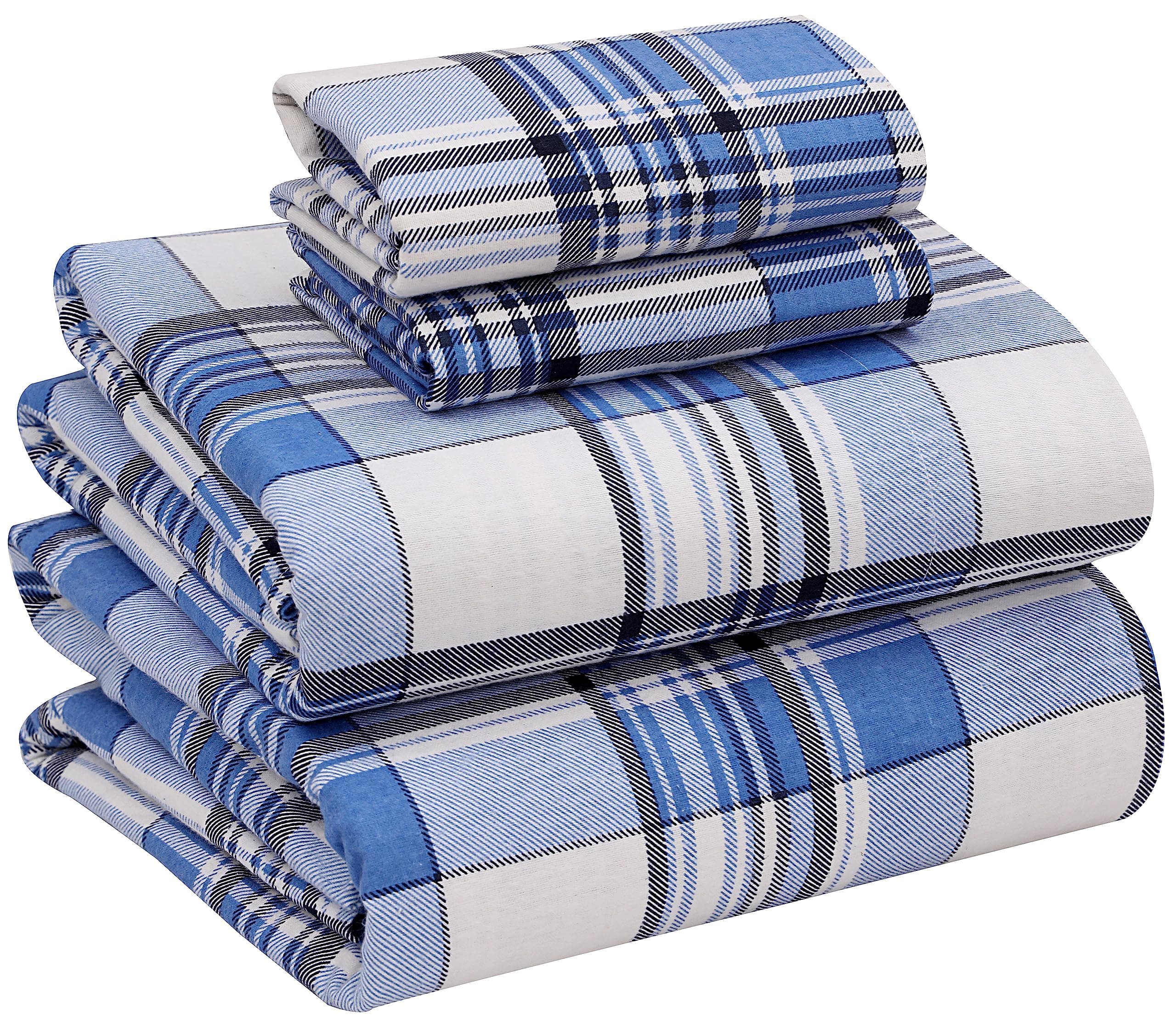 RUVANTI Flannel Sheets King Size - 100% Cotton Brushed Bed Sheet Sets - Deep Pockets 16 Inches (fits up to 18") - All Seasons Breathable & Super Soft - Warm & Cozy - 4 Pcs - Balance Plaid Blue