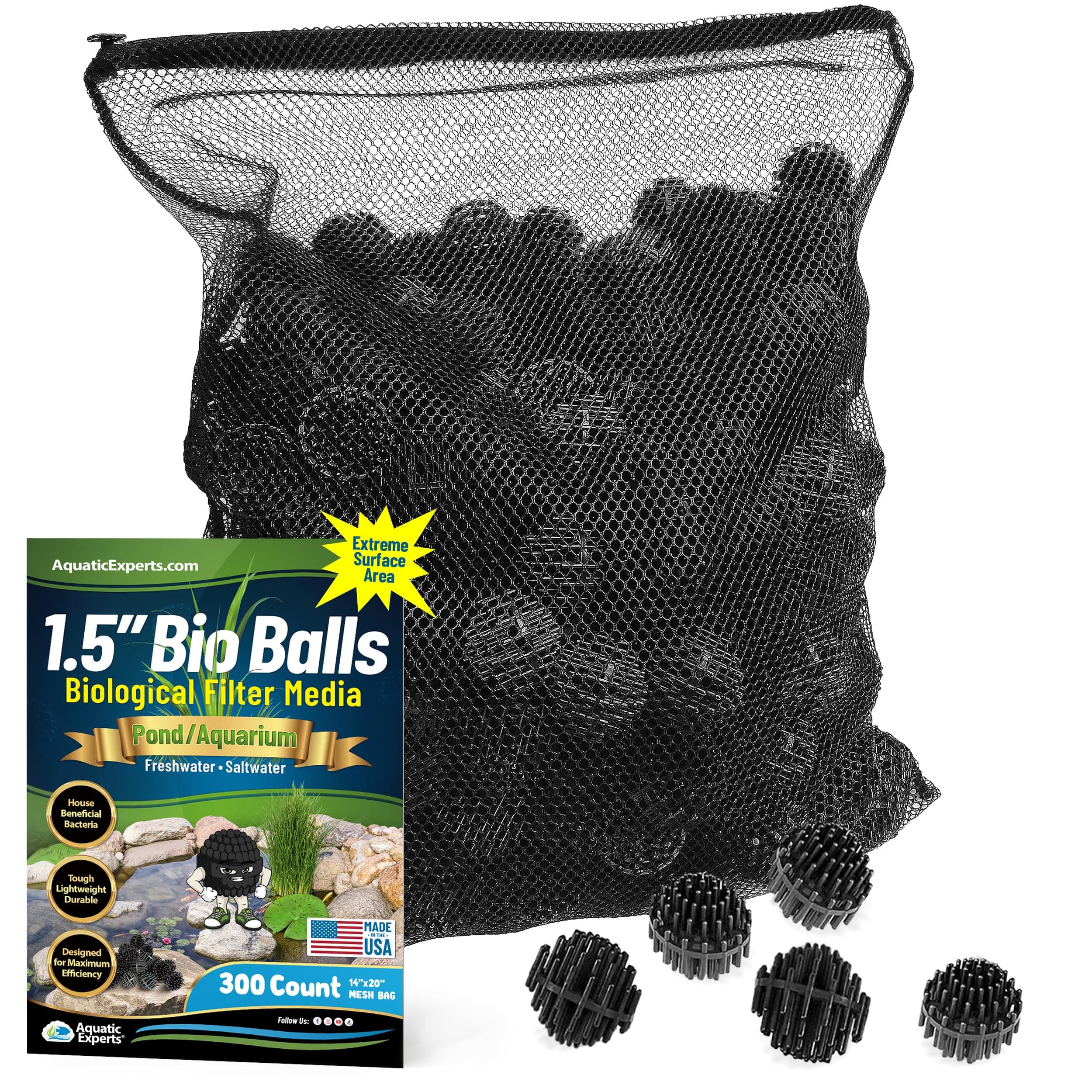 1.5" Large Bio Balls for Ponds – Biological Filter Media for Waterfalls & Outdoor Pond Filters, Treats Up to 1,000 Gallons (300 Count + 14" x 20" Mesh Bag)