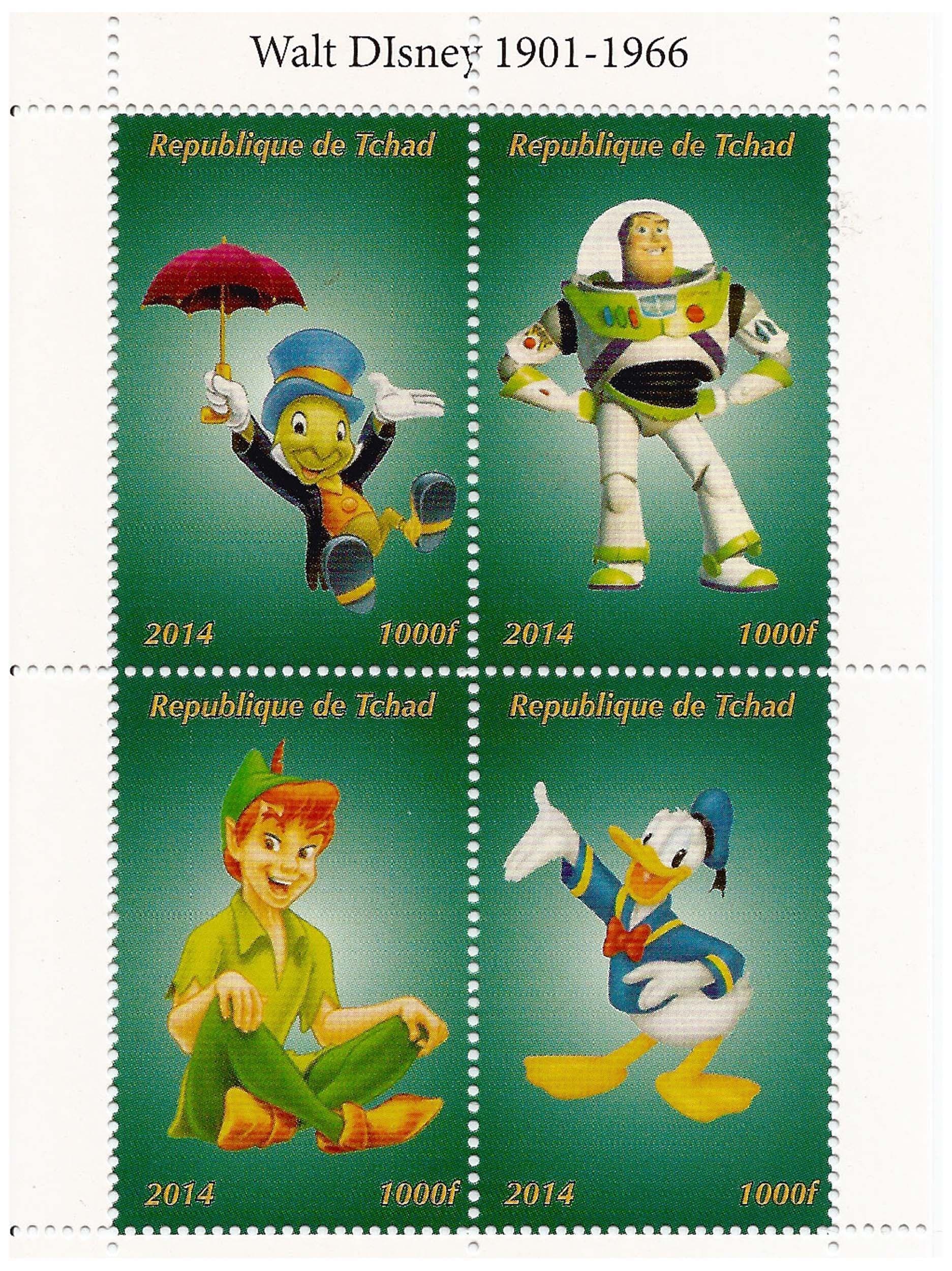 Pixar and Disney miniature stamp sheet with Peter Pan, Buzz Lightyear, Donald Duck and Jiminy Cricket / 4 stamps / 2014 / Chad / 1000F