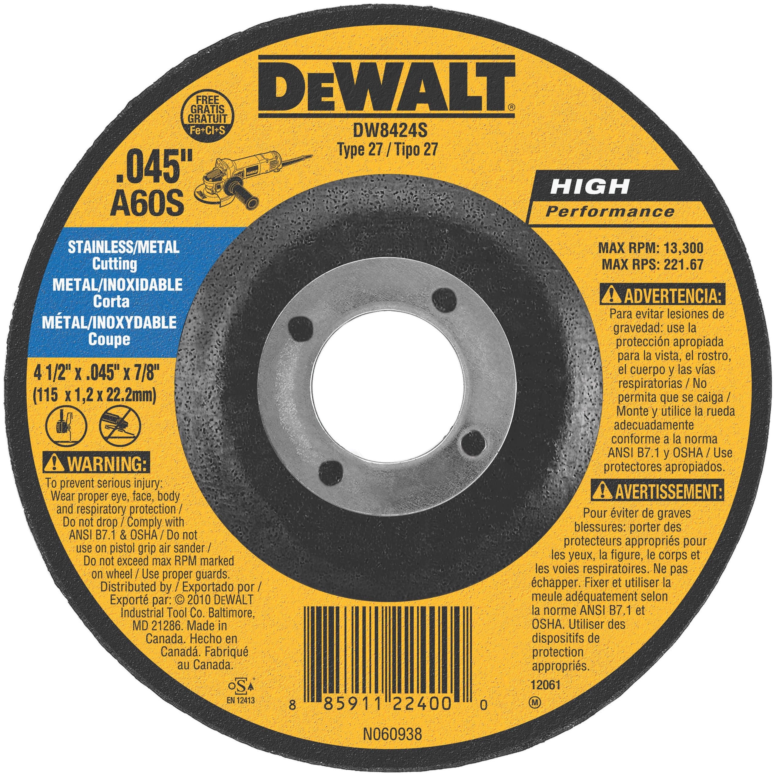 DEWALT DW8424S Cfree Thin Cutoff Wheel, 4-1/2-Inch x.045 x 7/8-Inch