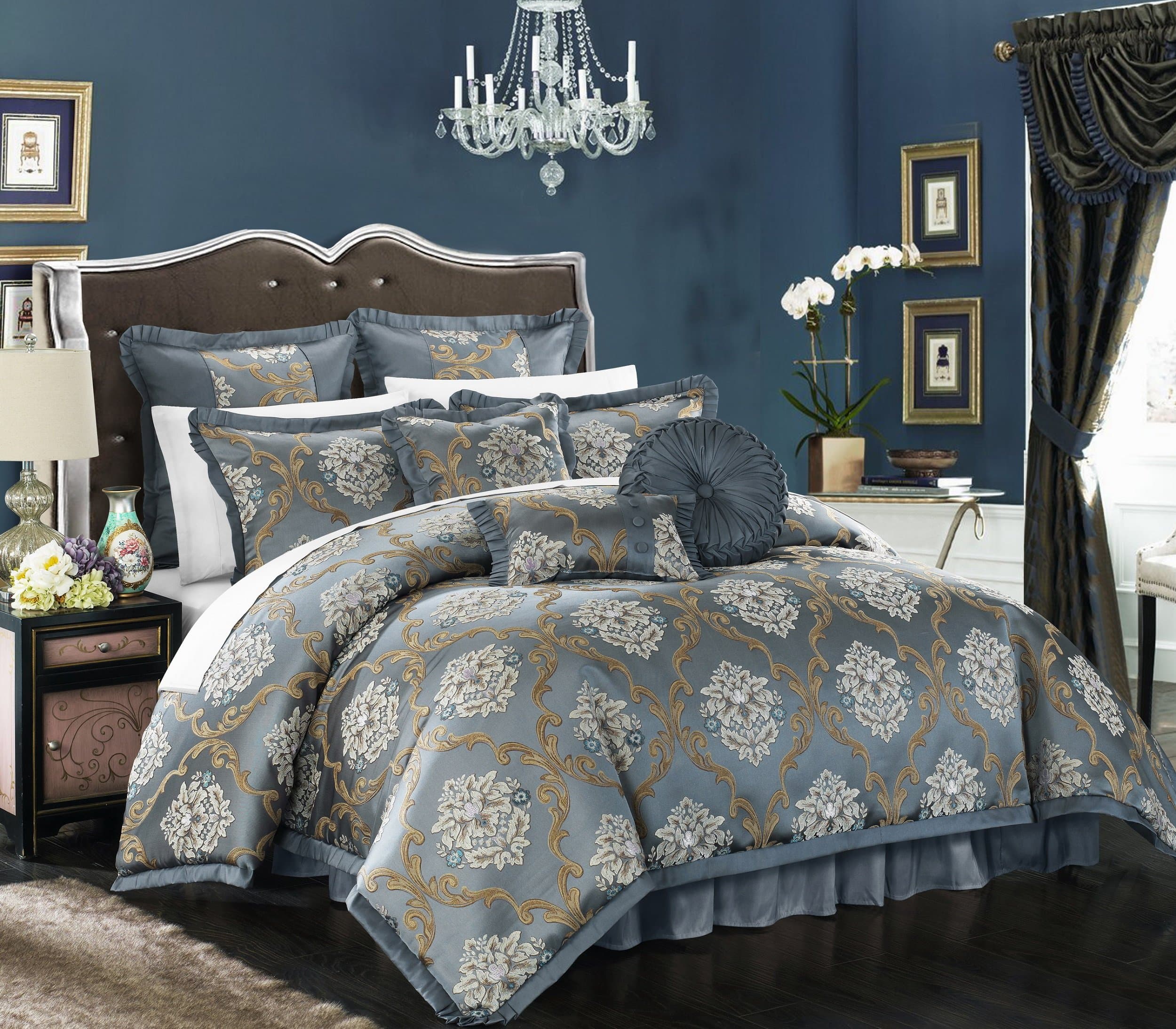 Chic Home Blue Jacquard Comforter Set Queen Size (Aubrey) 9 Piece Decorator Upholstery Bedding Ensemble with Decorative Pillows Bedskirt, Shams
