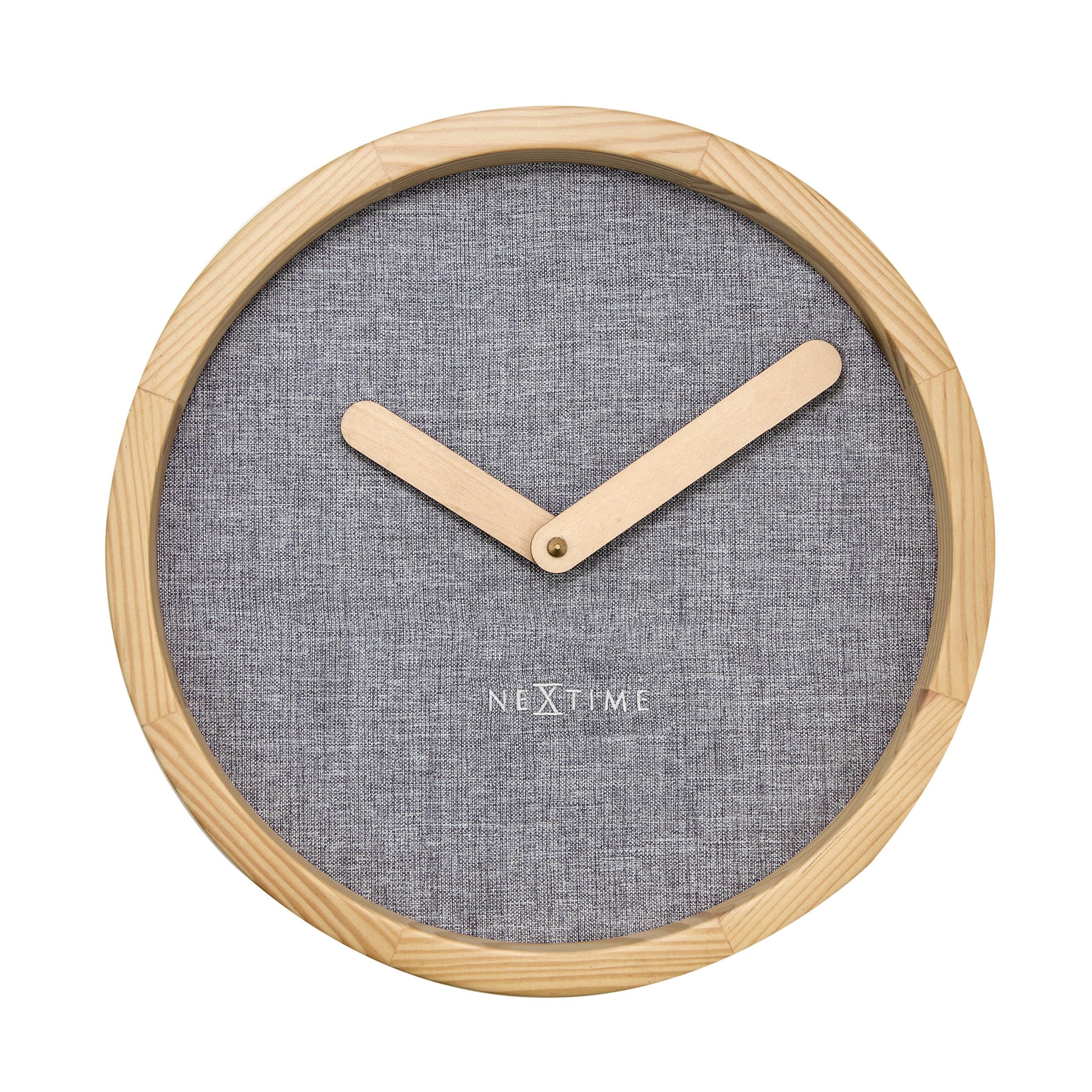Unek Goods NeXtime Calm Wall Clock, Round, Natural Wood Frame & Hands, Soft Grey Fabric Face, Battery Operated