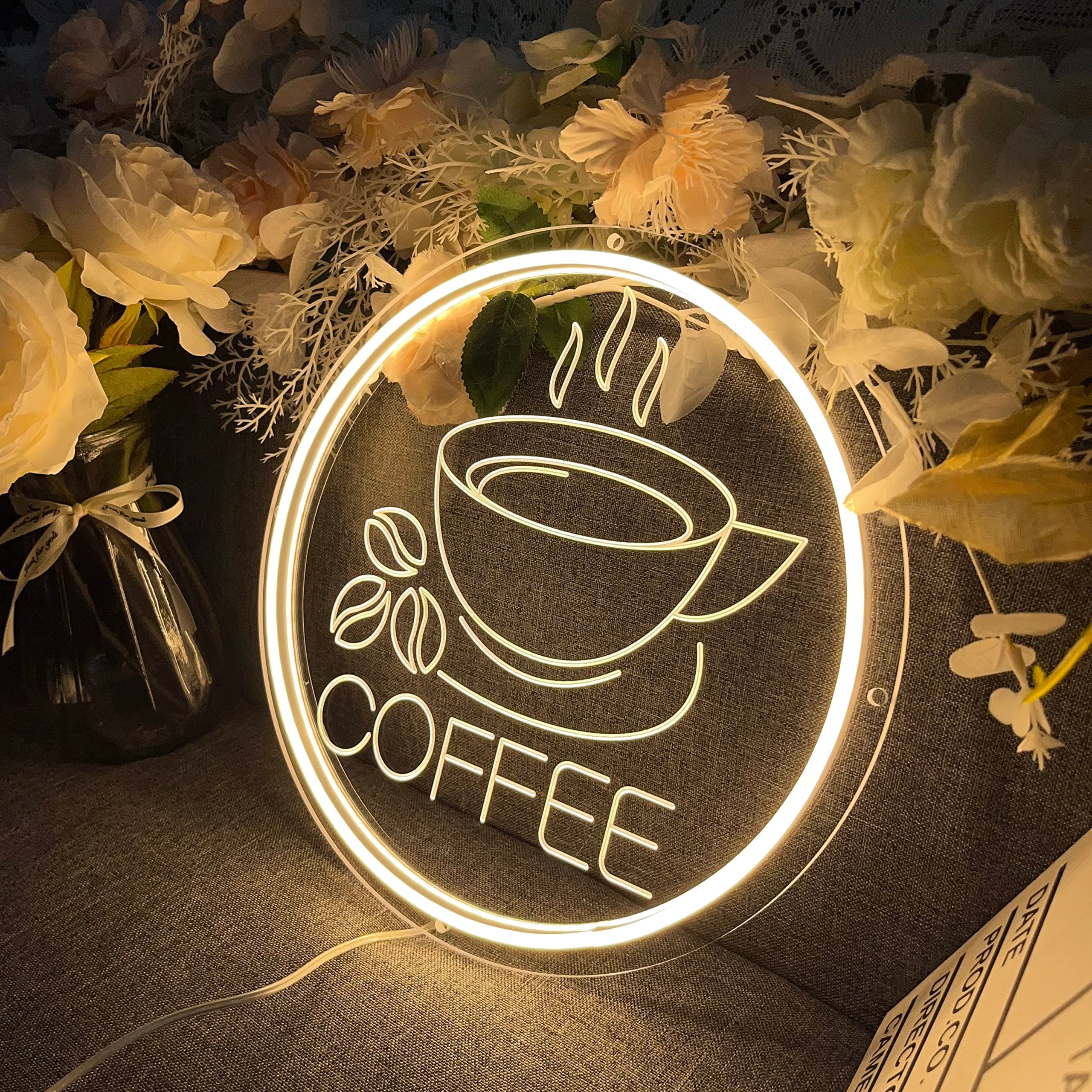 Neon Sign Coffee, 30 x 30 cm LED Sign 3D Engraved Neon Lights Wall Decoration Luminous Sign Neon Light Decoration for Bar Coffee House Home Decoration Party Decoration (USB, with Accessories)